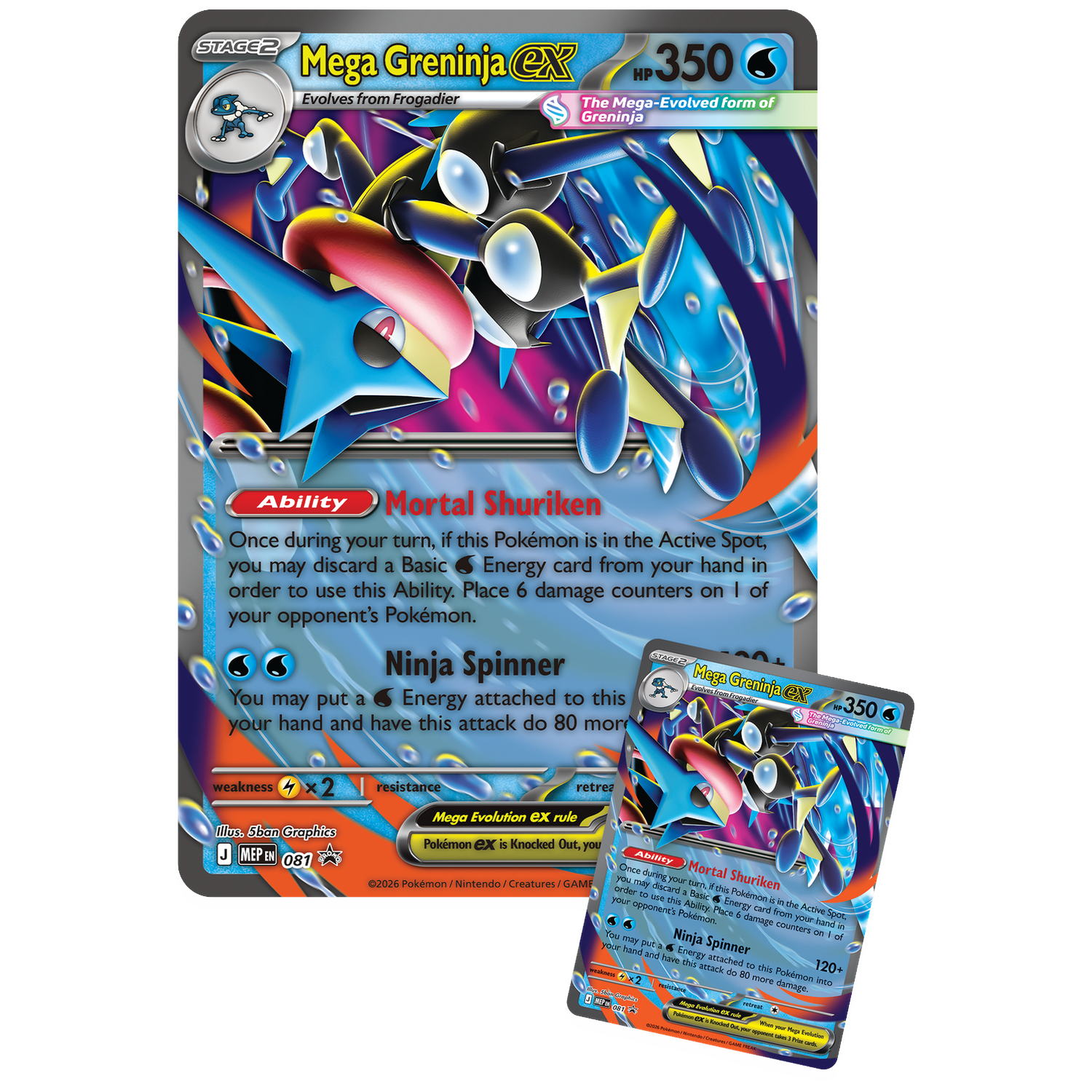 Mega Greninja EX Pokémon-kaart met blauw en zwart wezen dat door water beweegt.