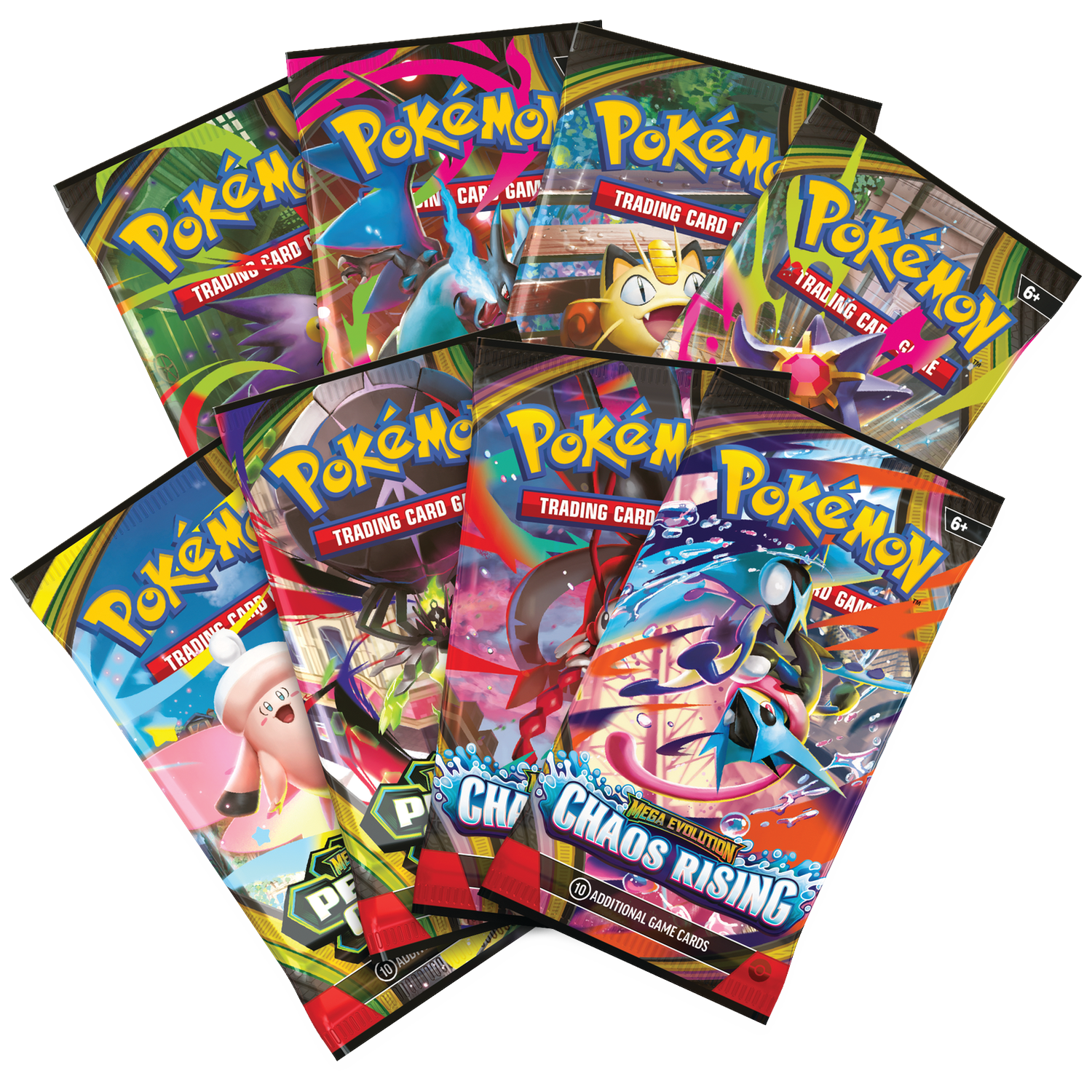 Meerdere kleurrijke Pokémon Trading Card Game-verpakkingen met diverse Pokémon-illustraties op een zwarte achtergrond.