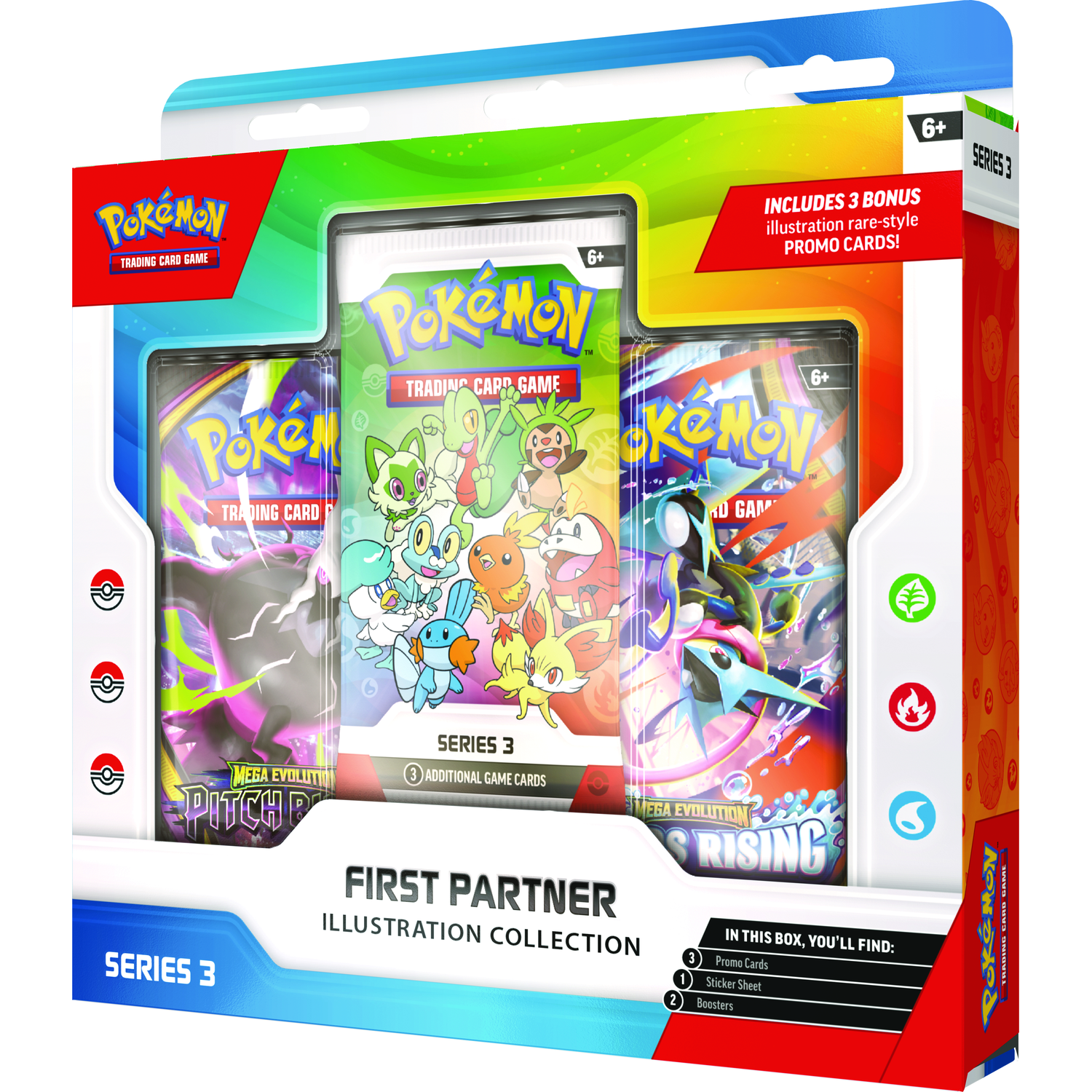 Pokémon Trading Card Game doos met 3 boosters en promokaarten.
