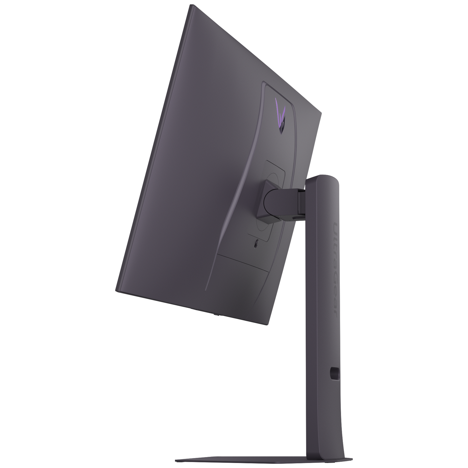A dark monitor with a purple logo on the back, mounted on a stand.