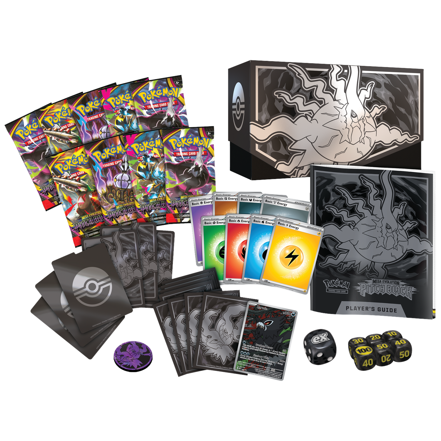 Pokemon TCG set met boosterpakketten, tokens, dobbelstenen en spelersgids.