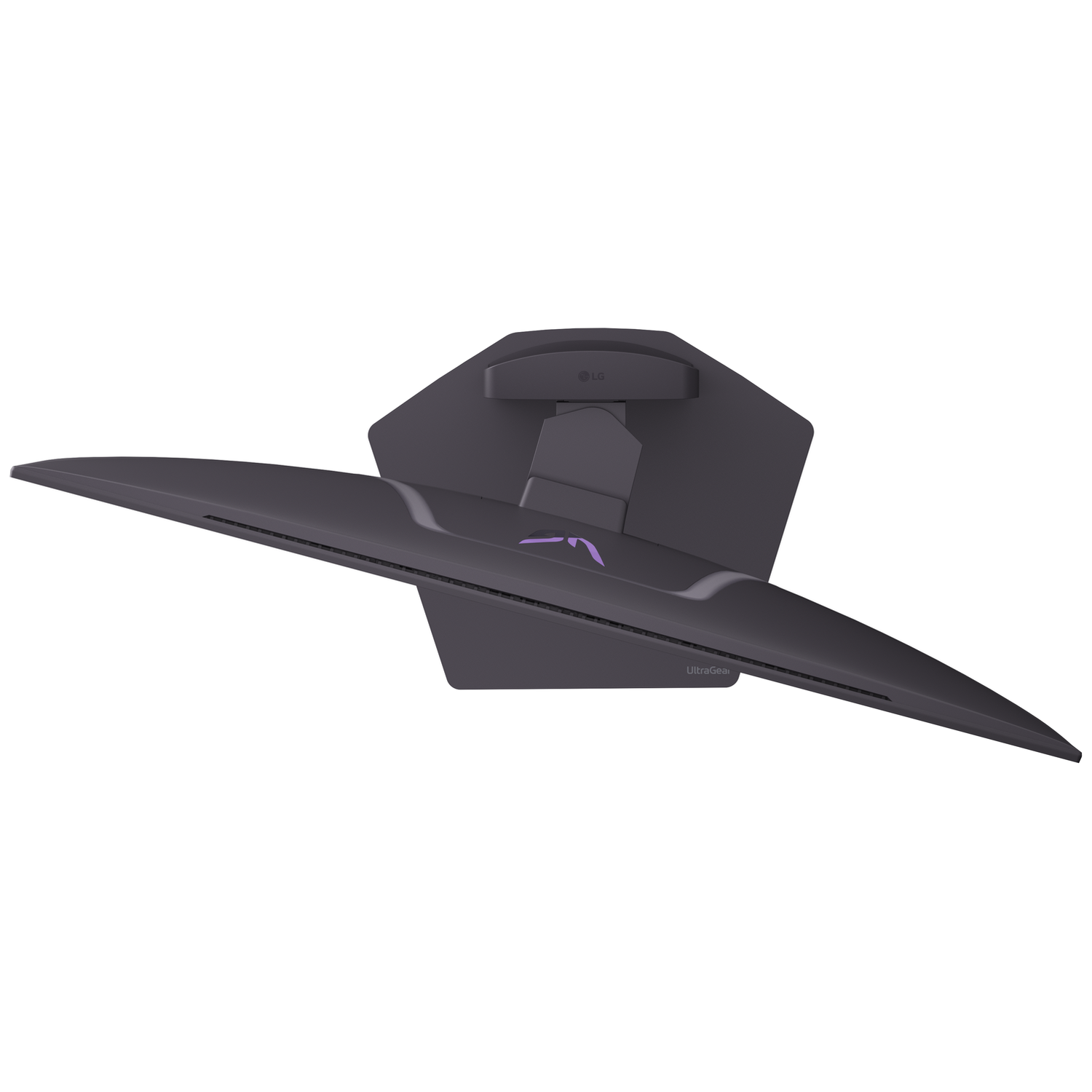 A dark grey LG UltraGear monitor with a purple logo on its stand, shown from above.