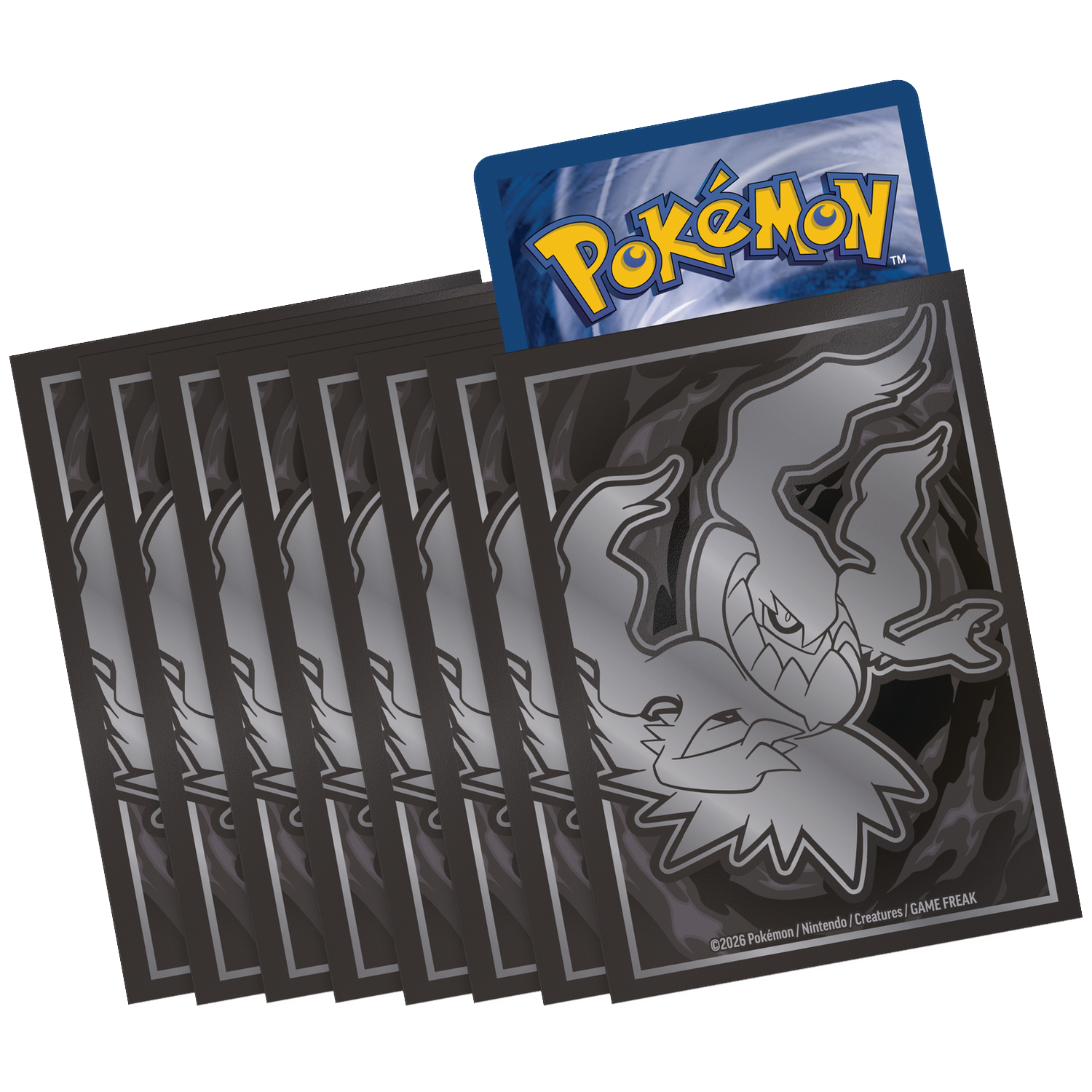 Stapel grijze Pokémon kaarthoezen met Darkrai-design. Een Pokémonkaart steekt uit.