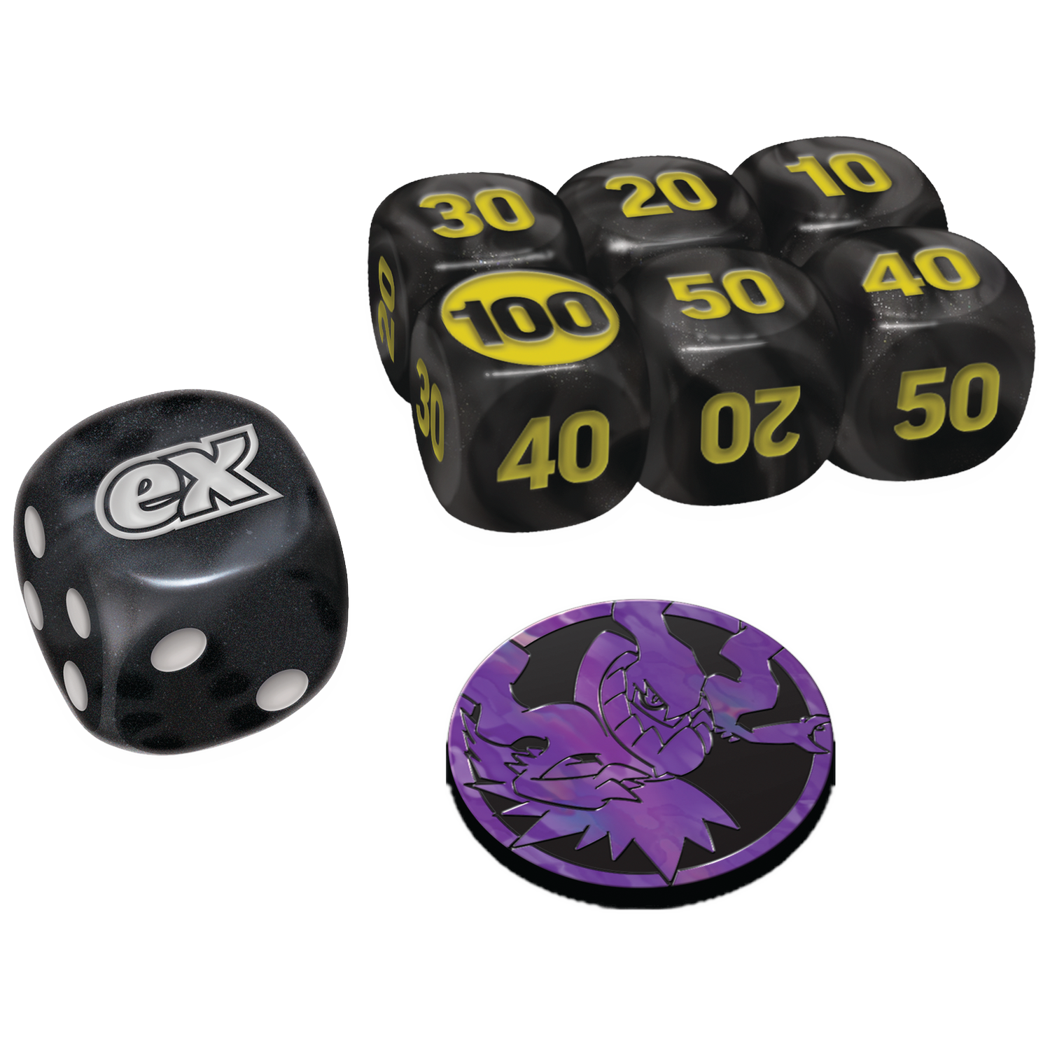 Zwarte dobbelstenen met gele cijfers en 'ex'-symbool, plus een paarse munt.