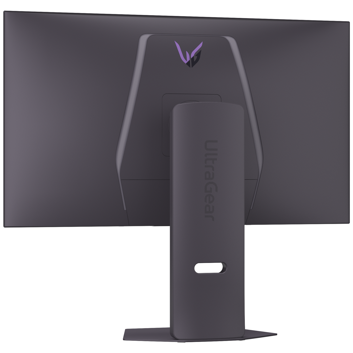 Back view of a dark grey monitor with purple LG UltraGear logo and text.