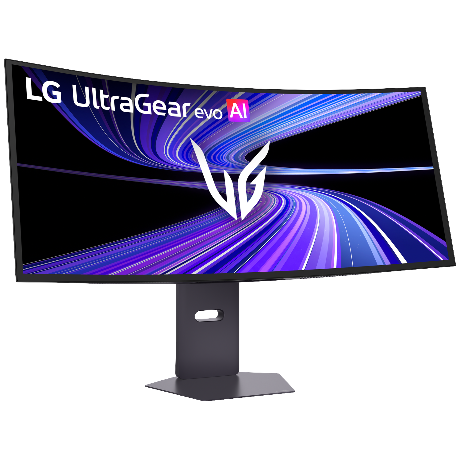 A curved LG UltraGear gaming monitor displaying a purple and blue striped pattern on screen.
