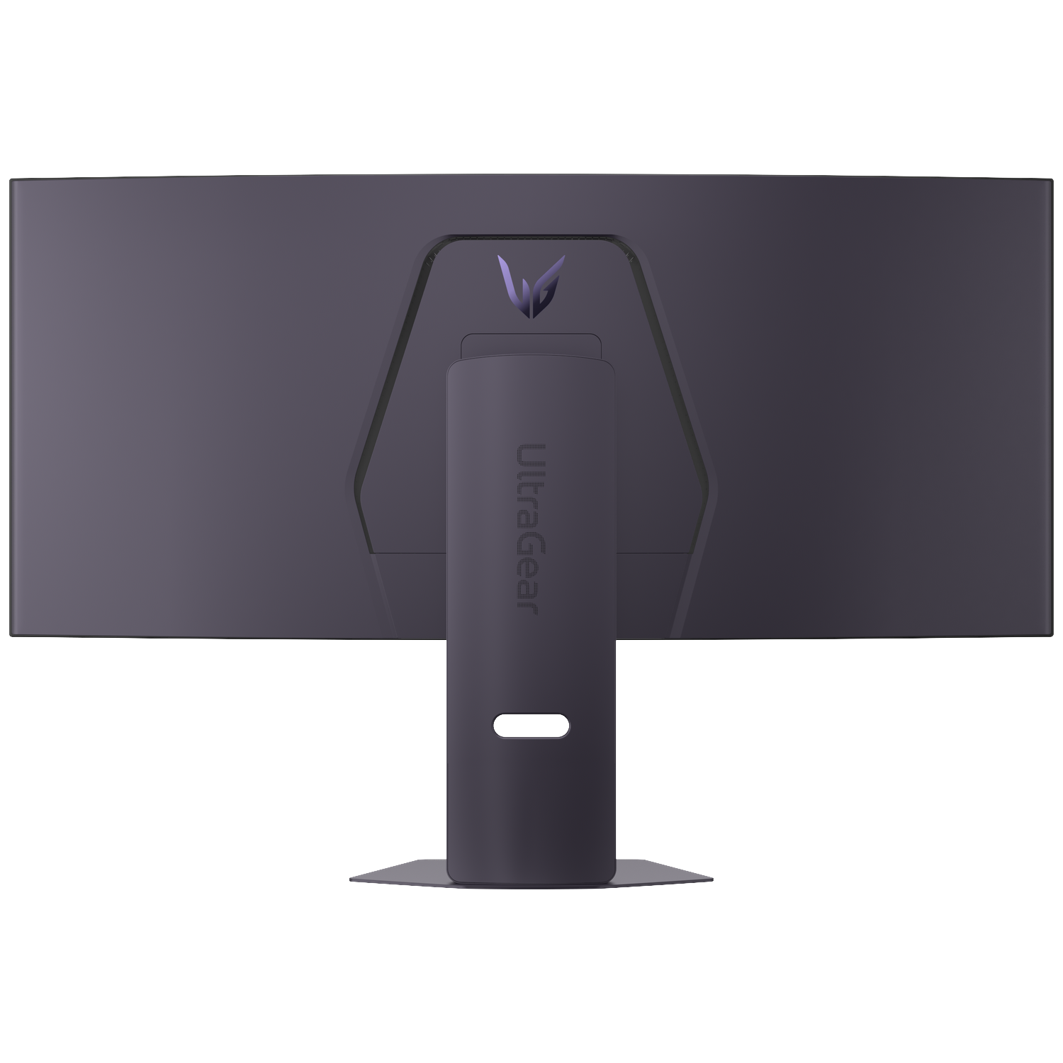Back view of a dark monitor with stand and logo.