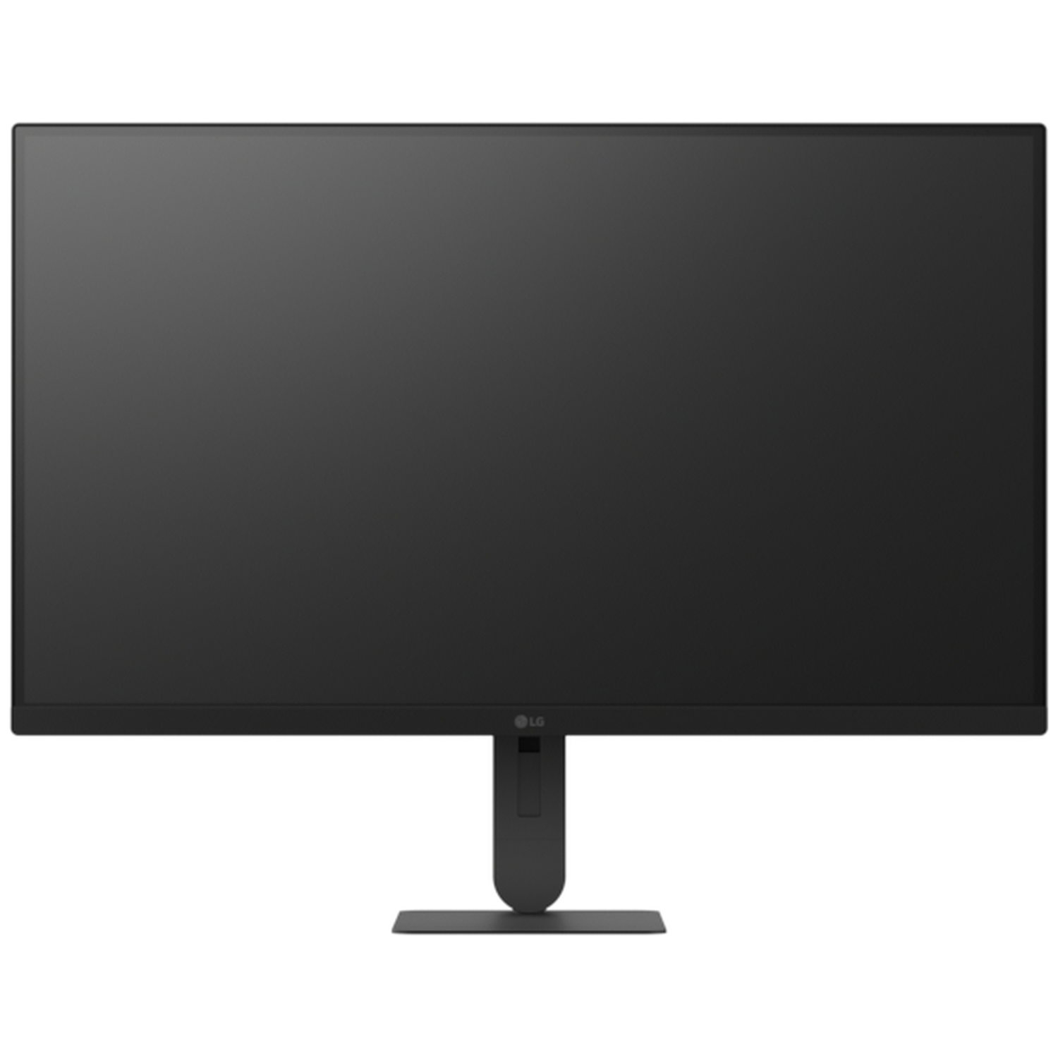 A black LG monitor sits on a simple stand against a white background.