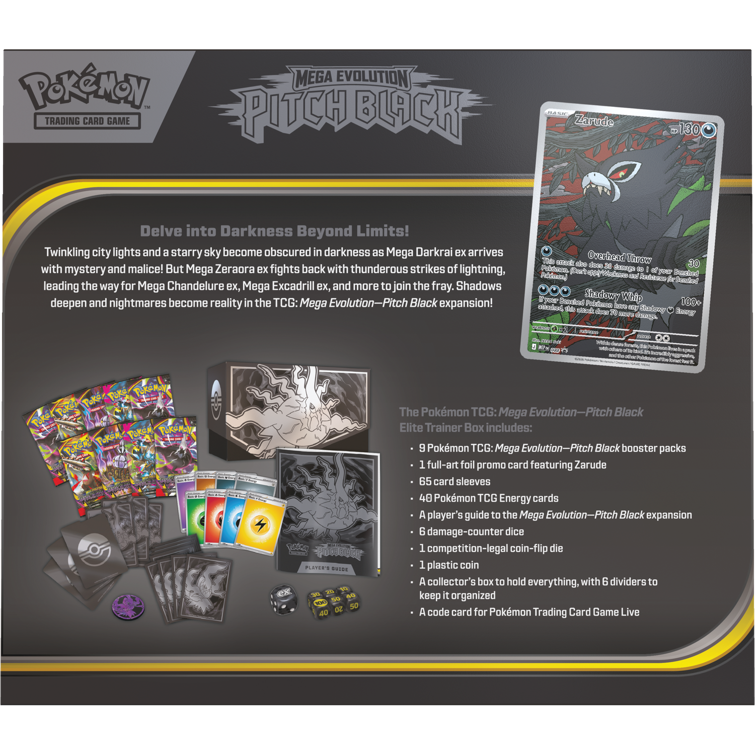Pokémon TCG Elite Trainer Box met Zarude-kaart, boosters, sleeves en accessoires.