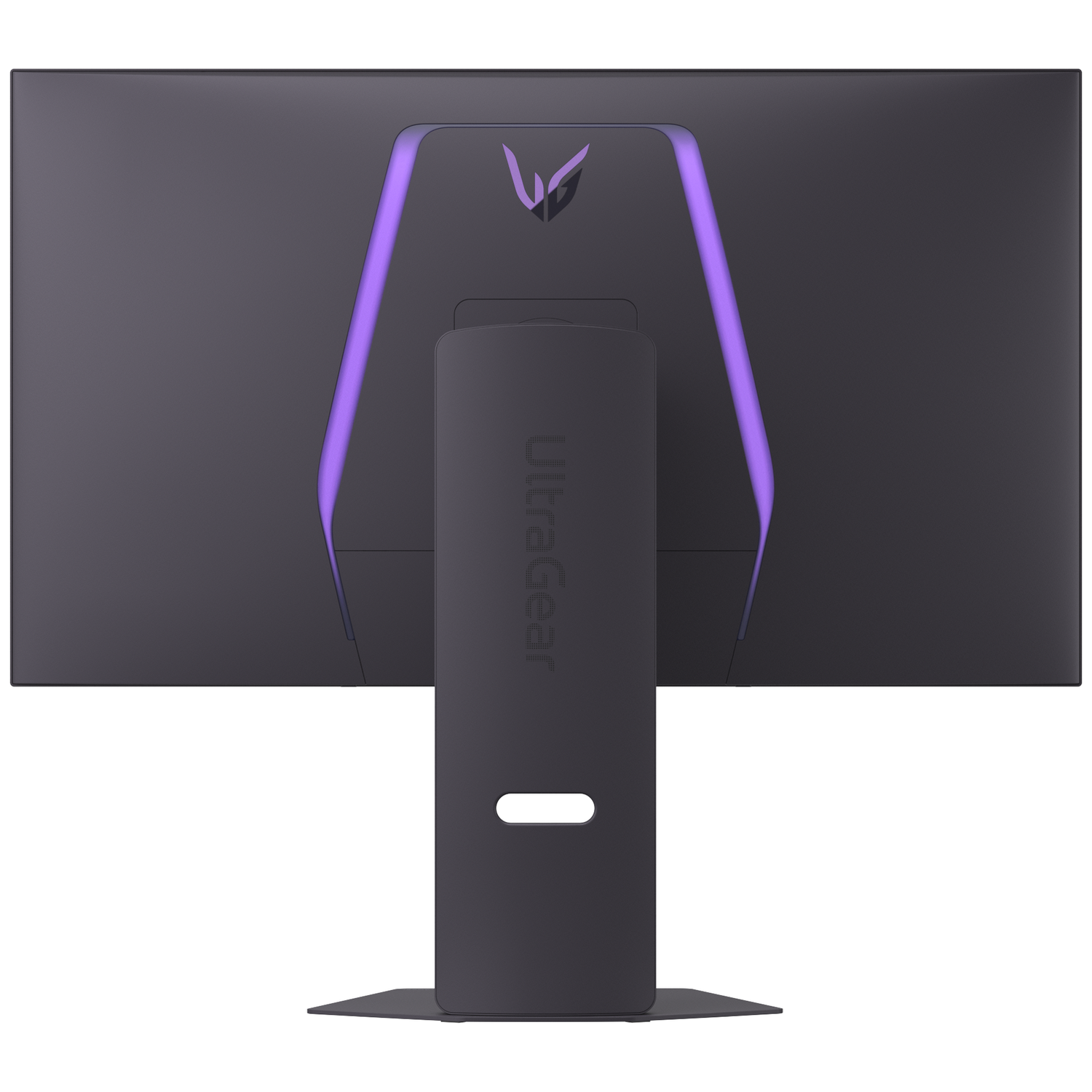 The back of a dark grey monitor with purple LED lighting and 'UltraGear' text.