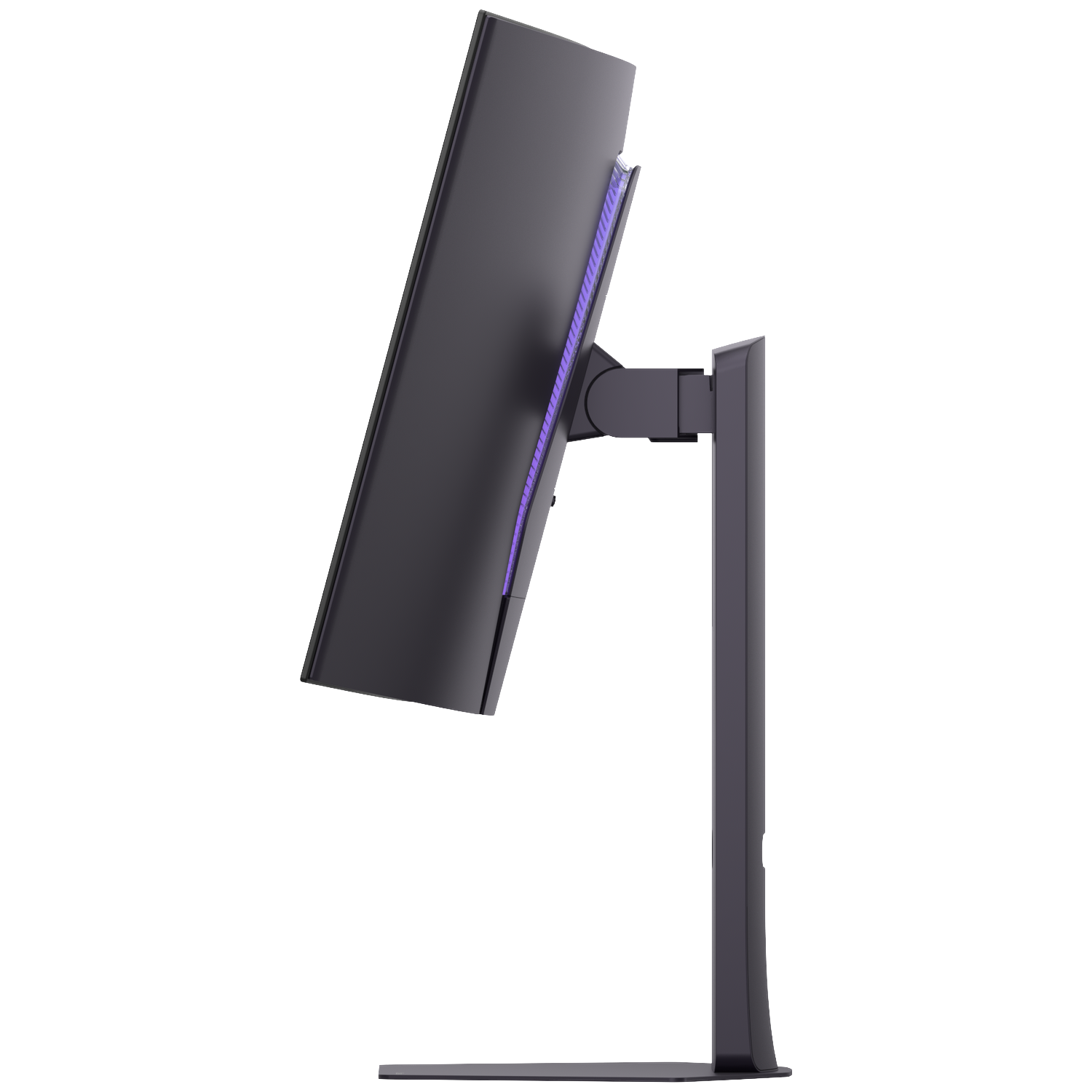 A modern, dark computer monitor on a stand with purple accent lighting on the back.