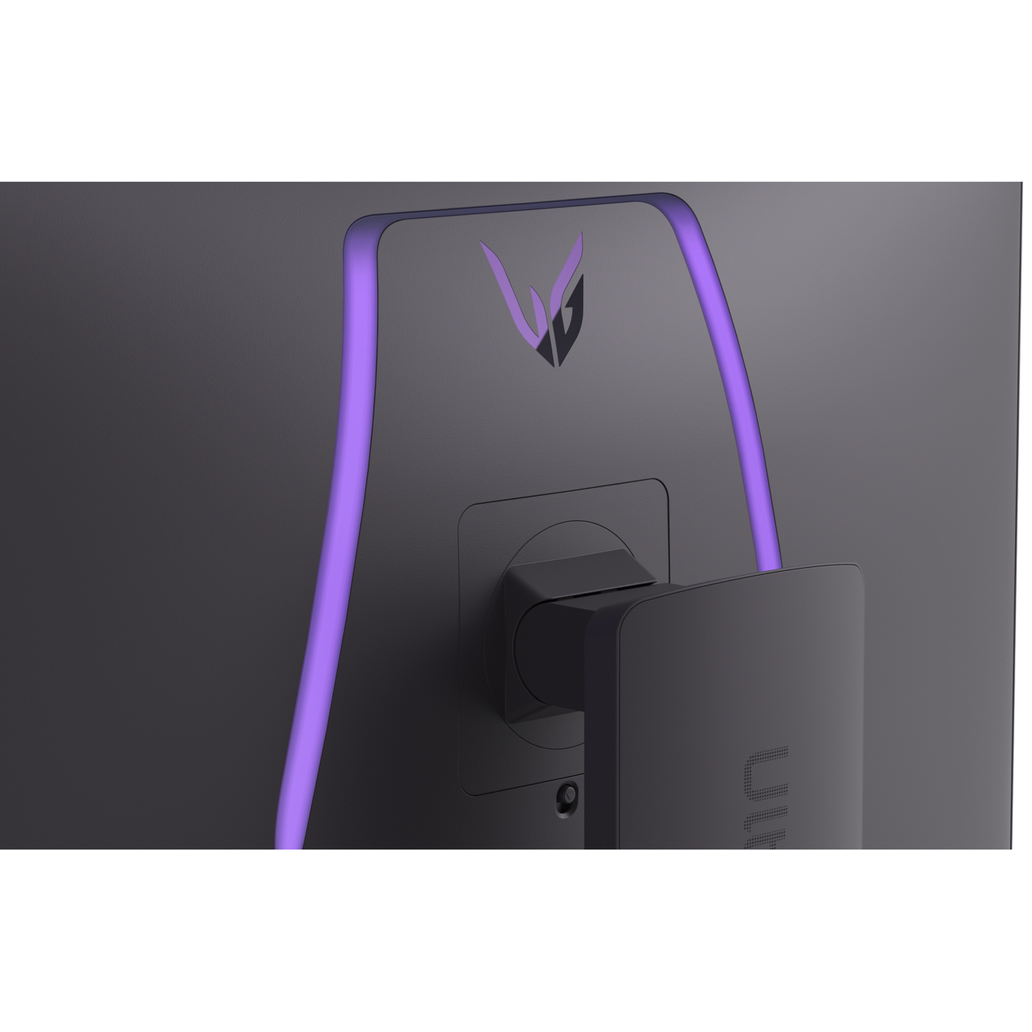 Back of a monitor with purple lights and a logo.