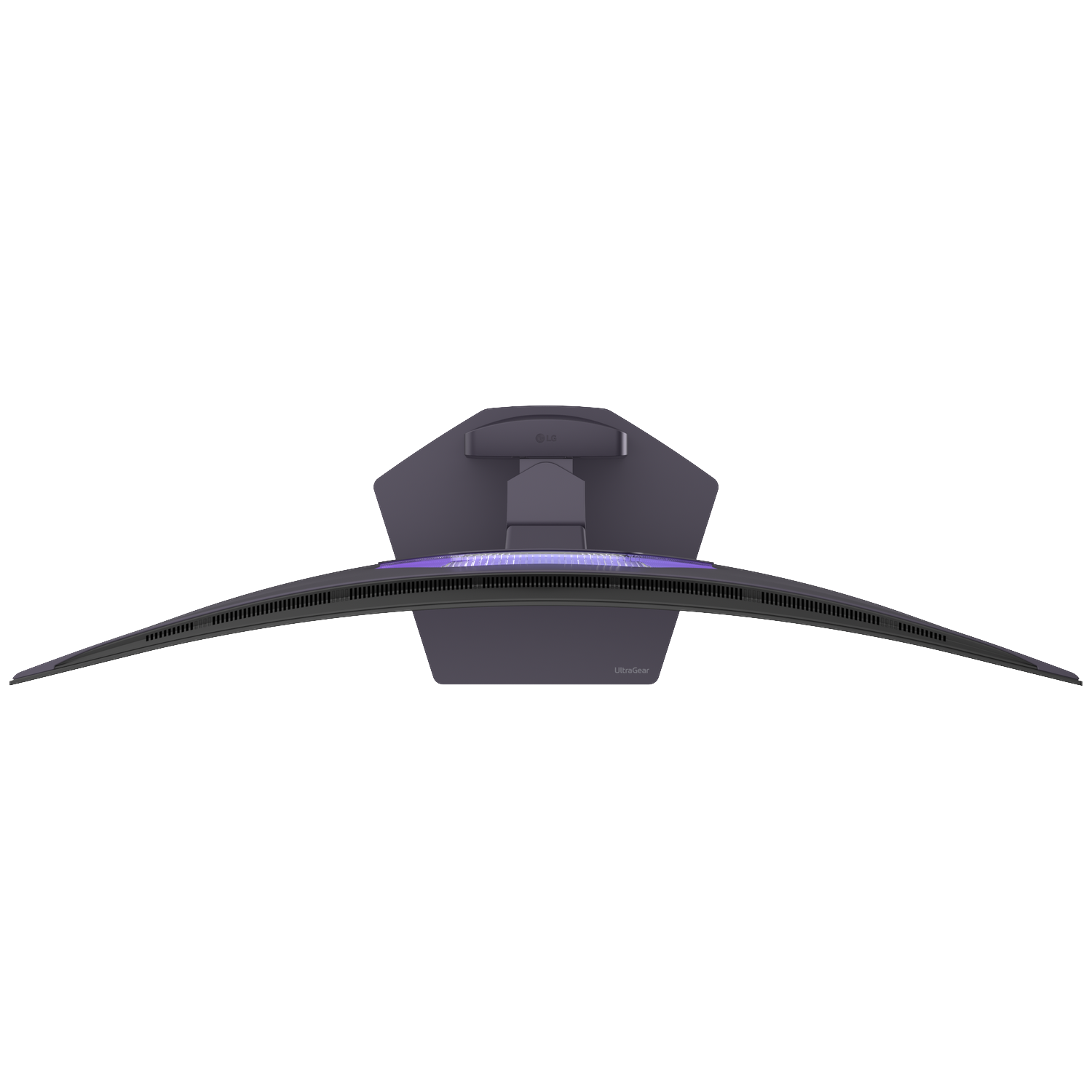Top view of a curved LG UltraGear monitor with purple lighting on its base.