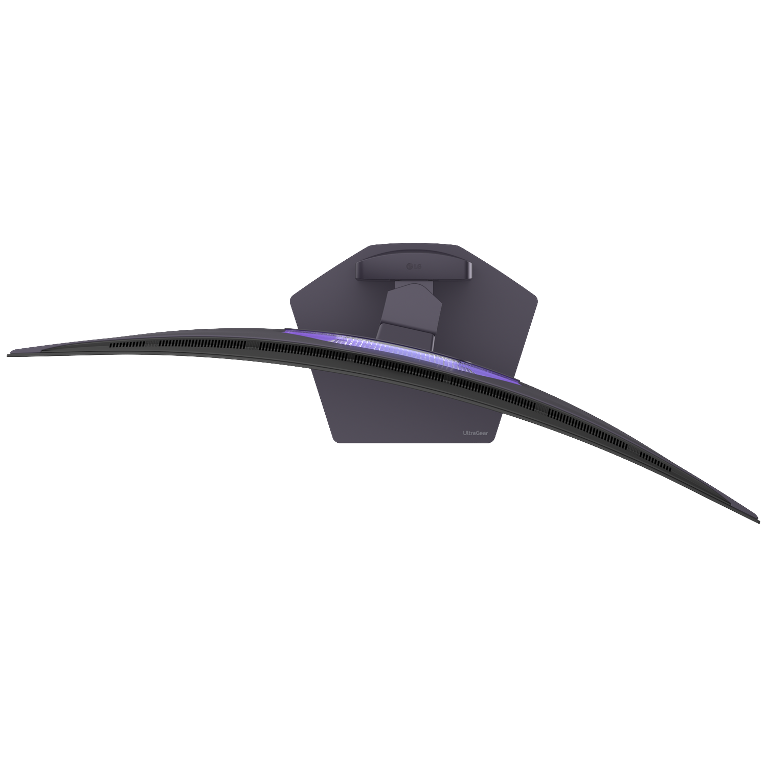 Top view of a curved LG UltraGear monitor with purple lighting on the stand.