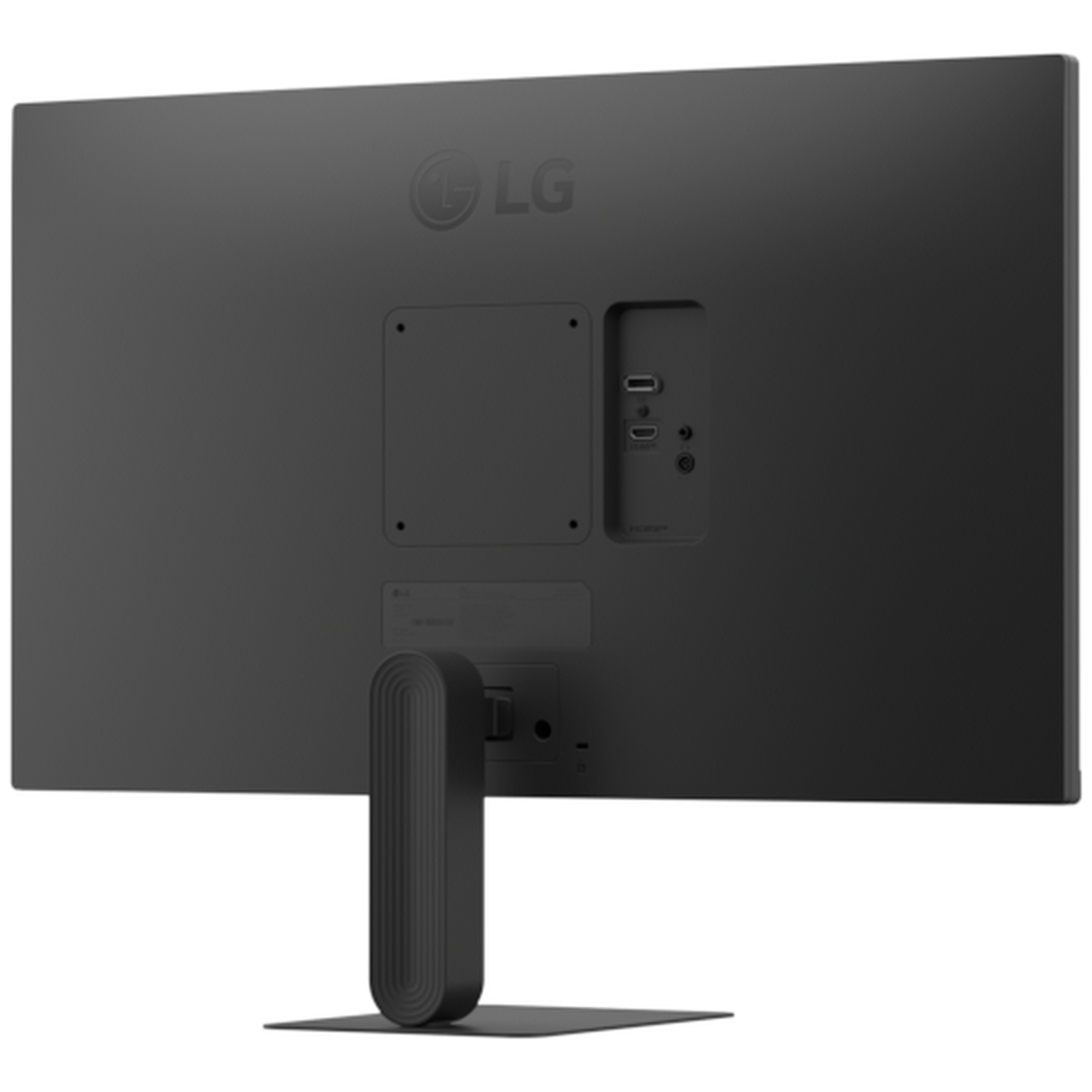 Back of a black LG monitor with ports and a stand. LG logo visible.