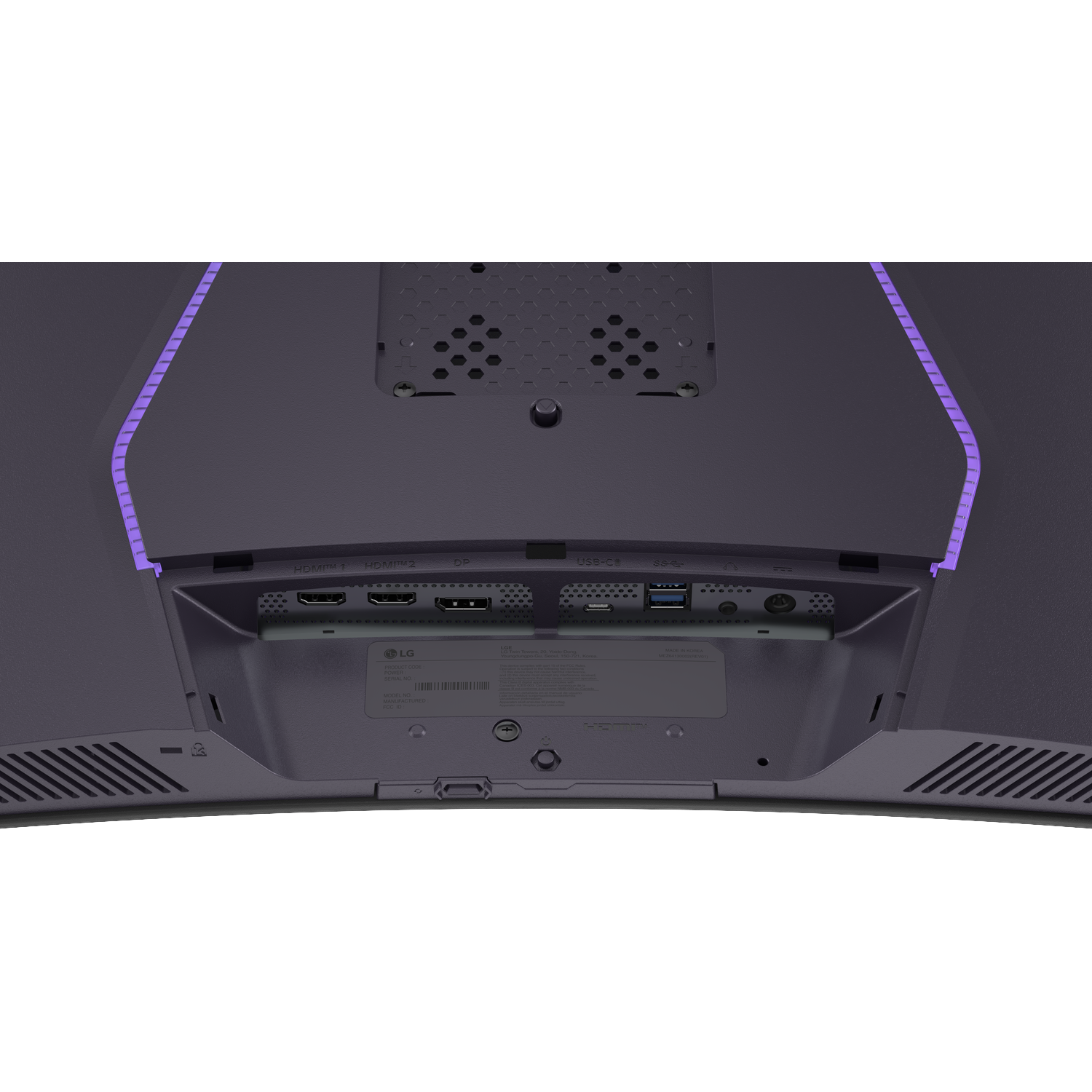 Back of a monitor showing ports: HDMI, DP, USB-C, SS. Purple accent lighting.