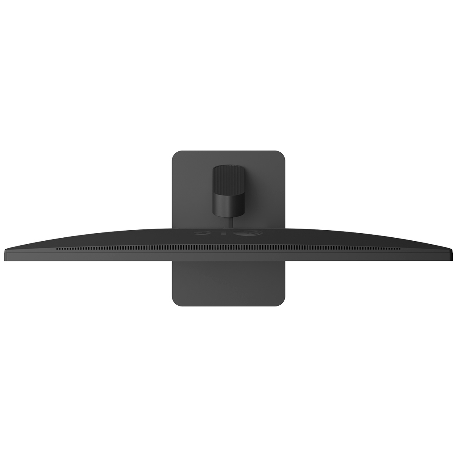 Flat black computer monitor back with stand, viewed from above.