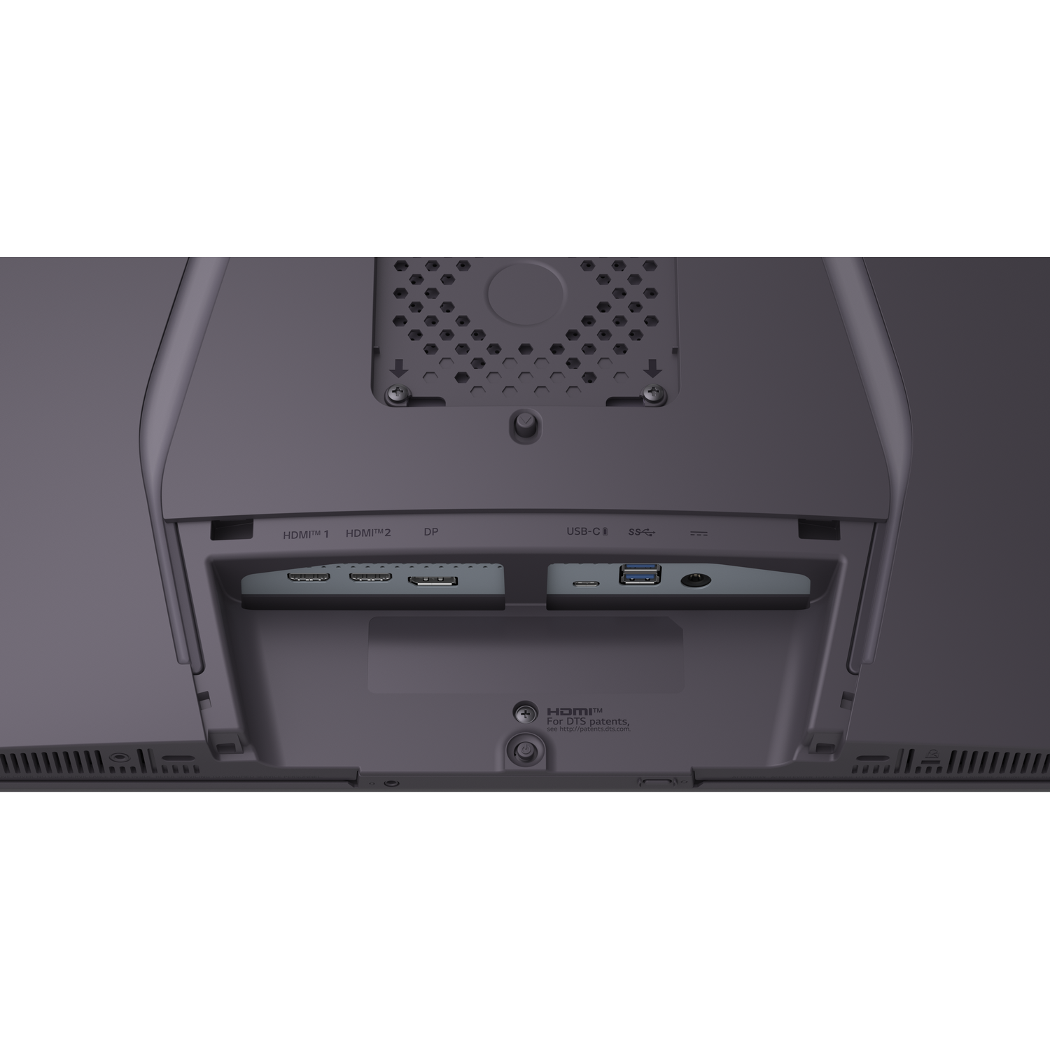 Rear view of a monitor showing ports: 2x HDMI, DP, USB-C, and headphone jack.