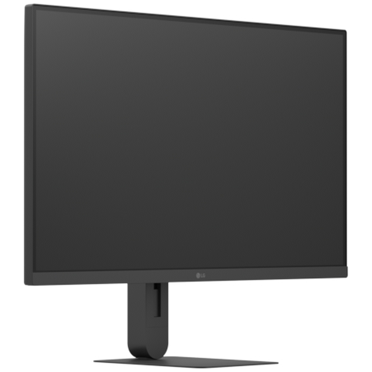 A dark LG monitor on a stand with a white background.