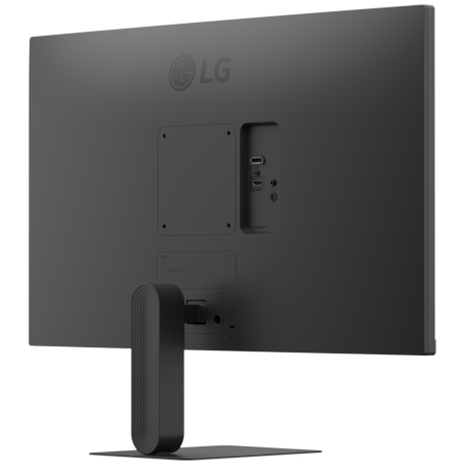 Back view of a dark gray LG monitor with ports and a stand.