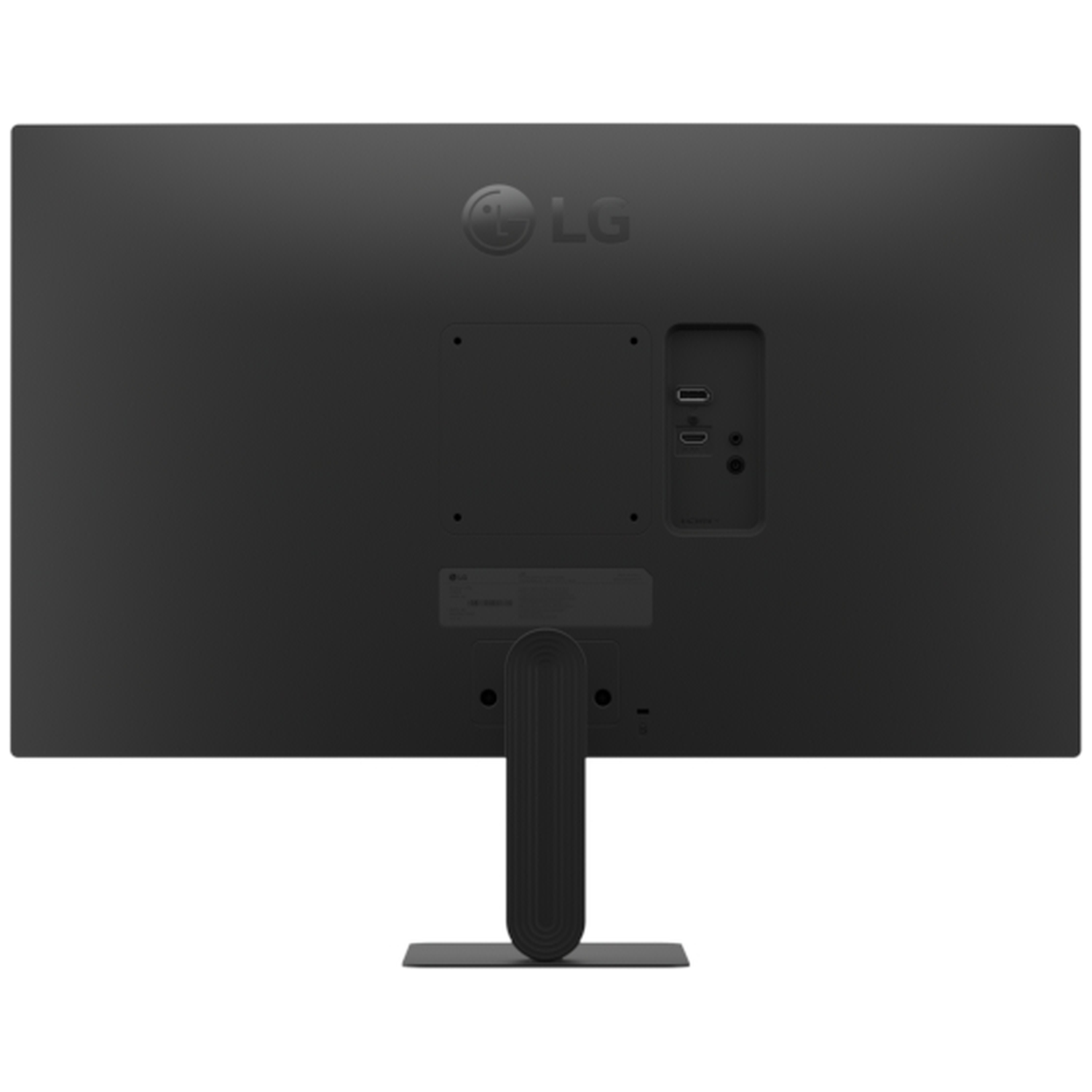 Back of a black LG monitor with ports and stand.