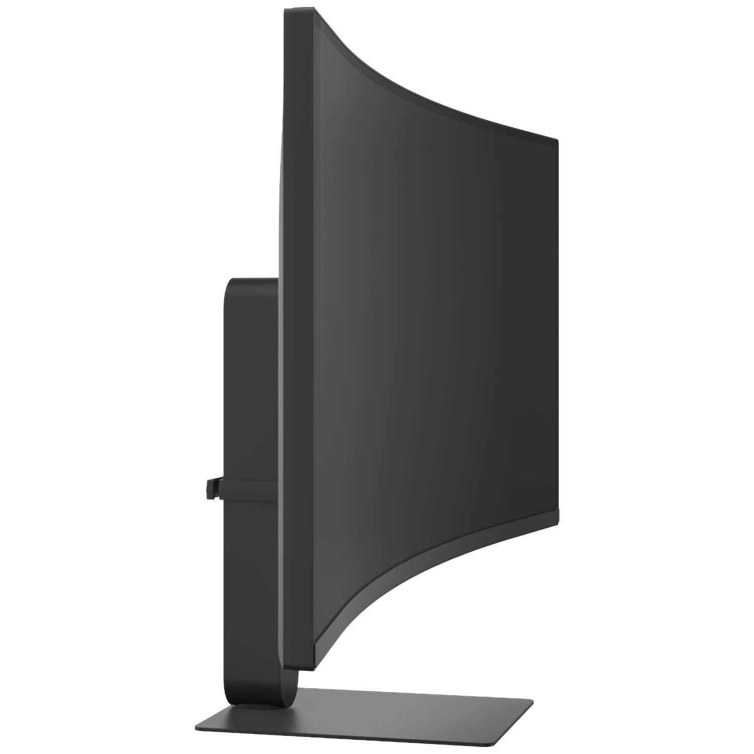 A black, curved computer monitor with a slim stand, viewed from the side.
