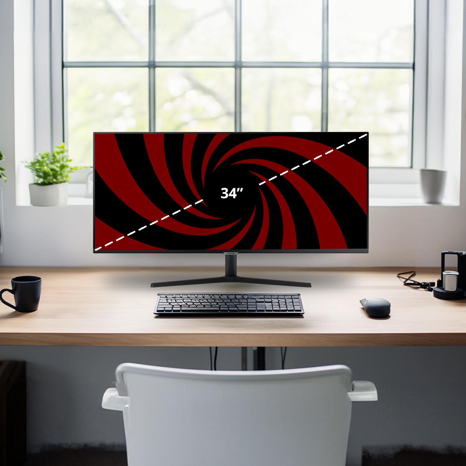 A 34" monitor with a red and black spiral design sits on a wooden desk.