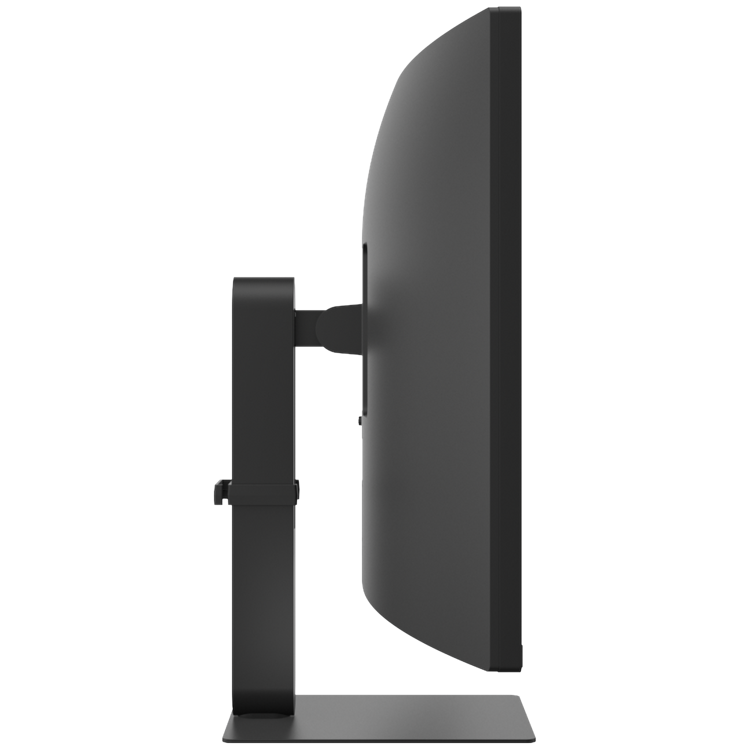 Black computer monitor in side profile on a white background.