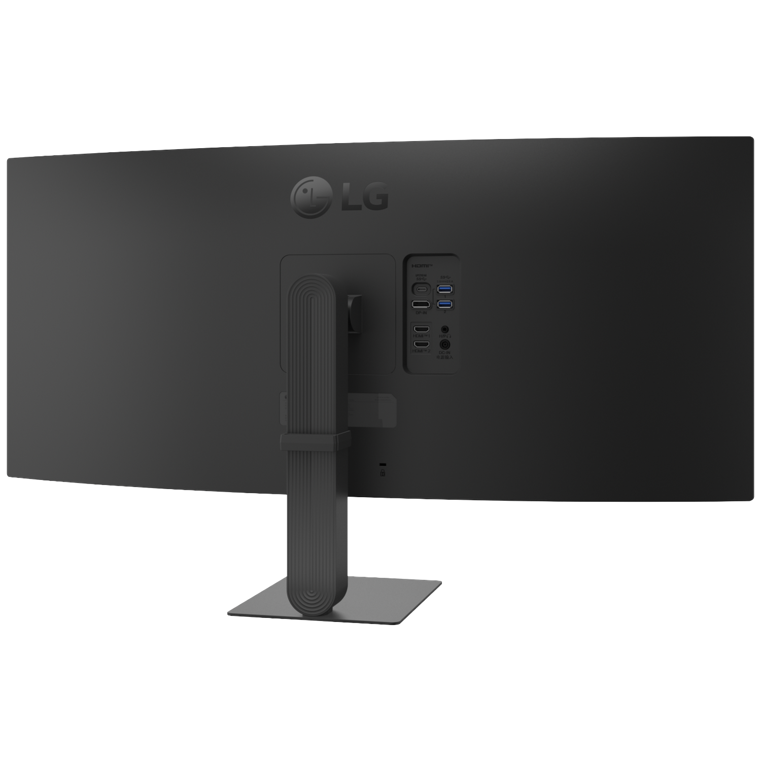 Back of a black LG monitor showing ports and a ribbed cable holder.