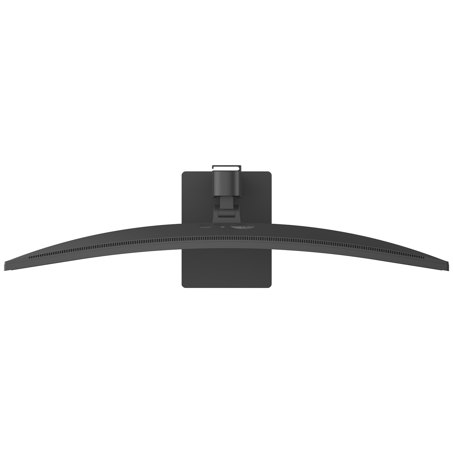 Top view of a black, curved computer monitor with a black stand.