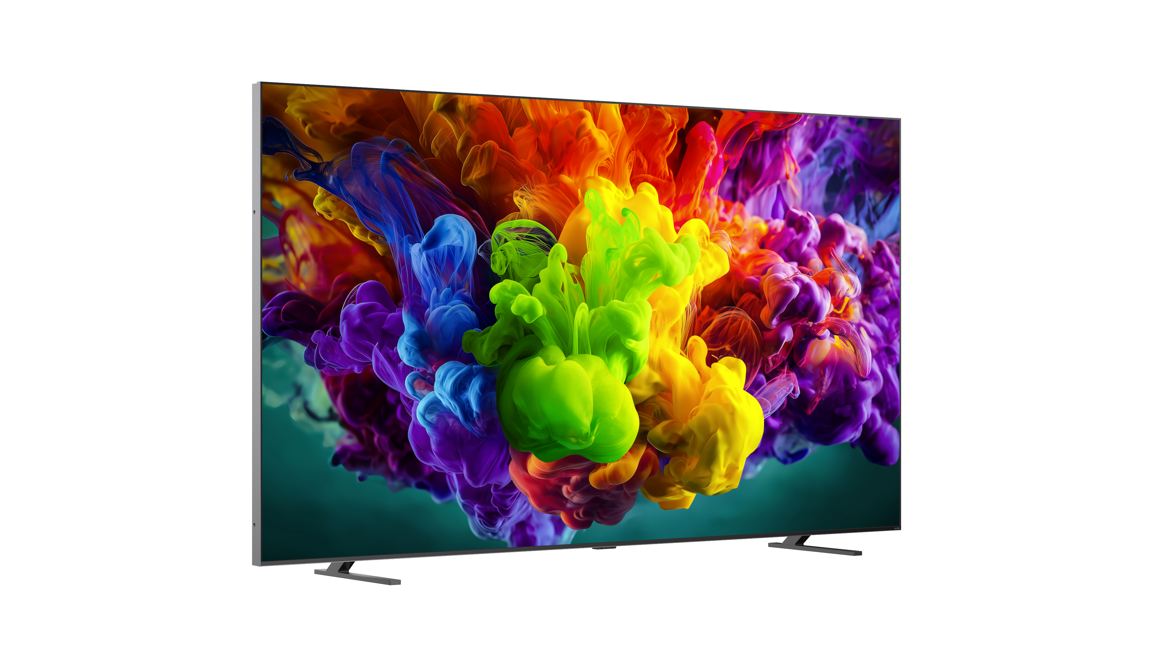 Ein schlanker Fernseher mit einem lebendigen, bunten Rauch-Bildschirmschoner.