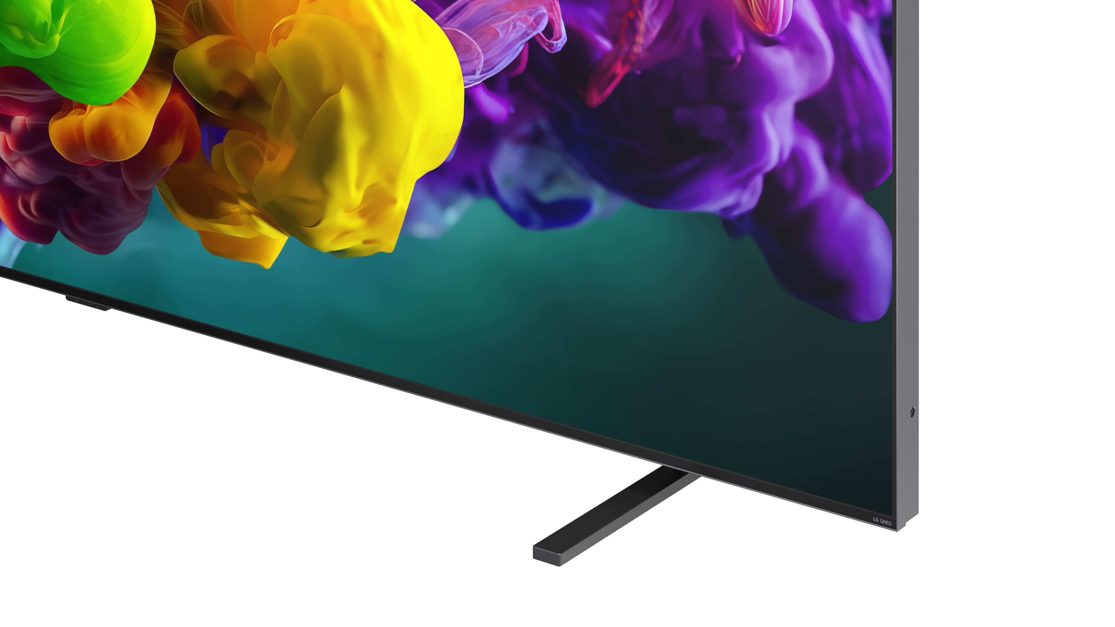 LG QNED TV zeigt bunte rauchähnliche Formen in Grün, Gelb und Lila.