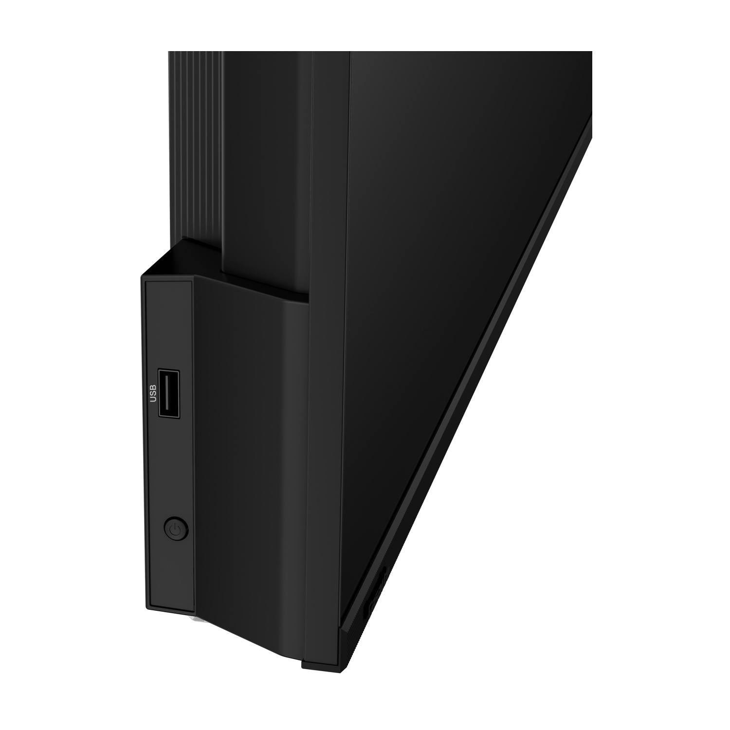 Dispositivo elettronico nero con porta USB e pulsante di accensione.
