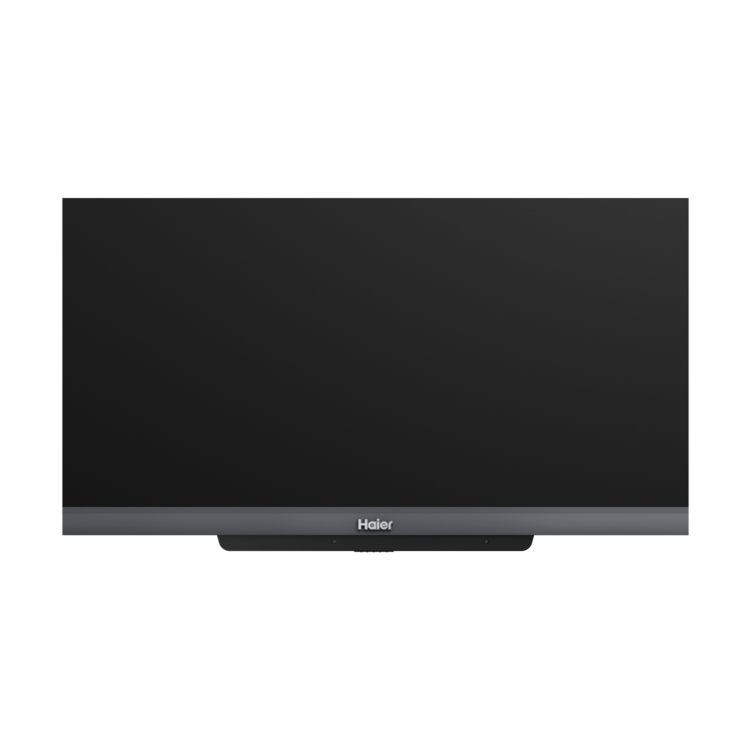 Un televisore marca Haier con schermo nero e cornice grigia su sfondo bianco.