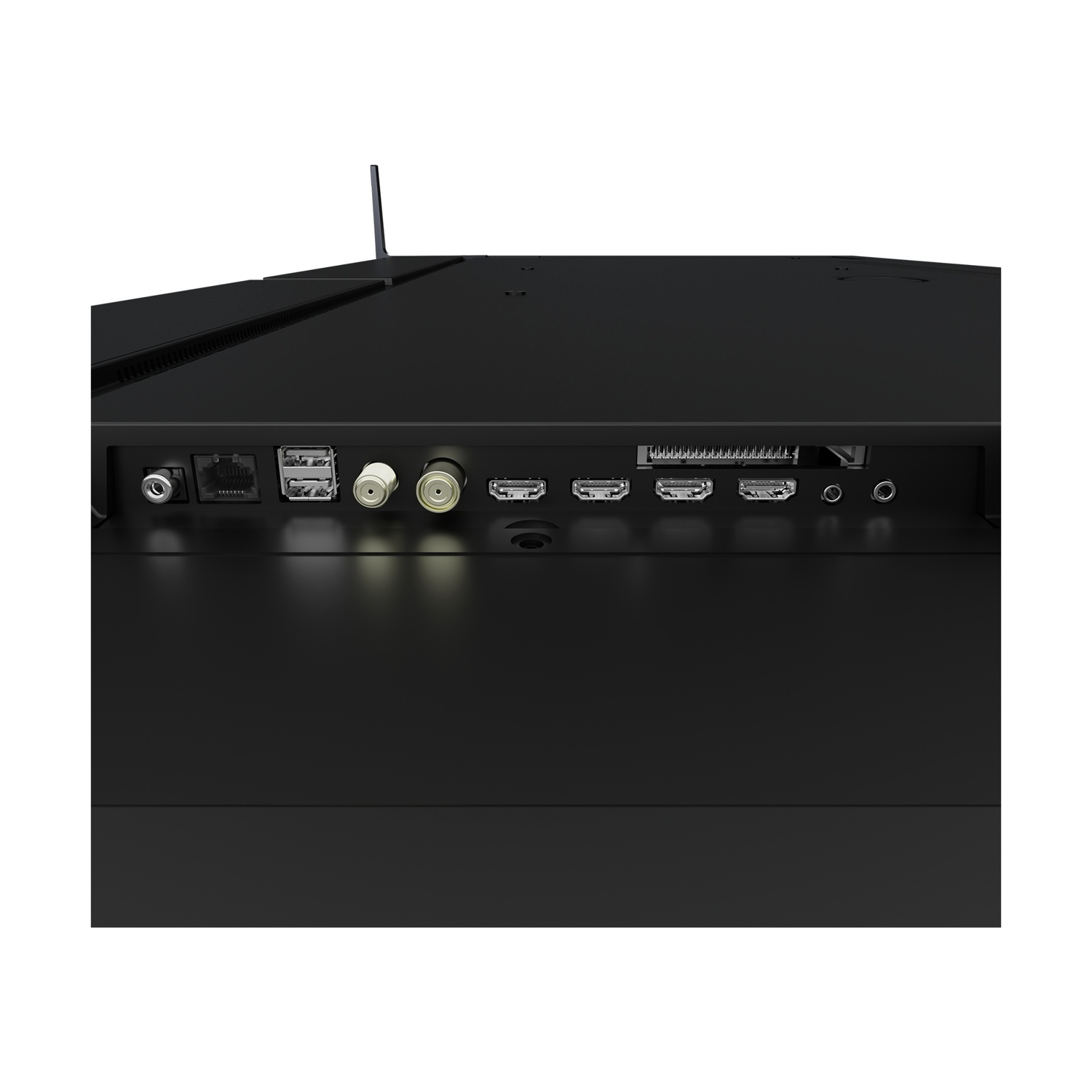 Retro di una TV nera con porte HDMI, USB, LAN e antenna. È visibile un'antenna.