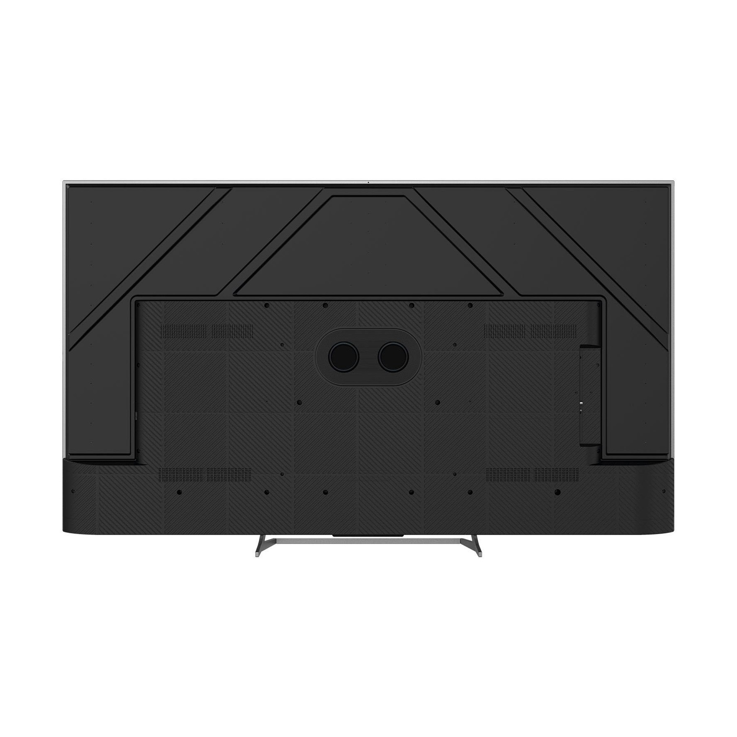 Vista posteriore di un televisore nero con supporto argentato su sfondo bianco.