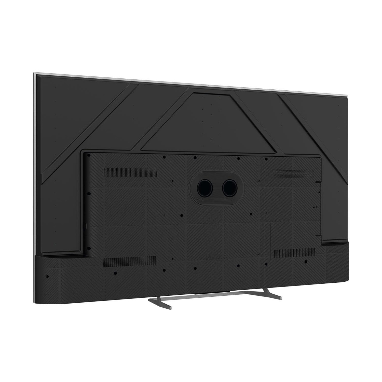 Retro di una TV moderna con supporto argentato e scocca nera.