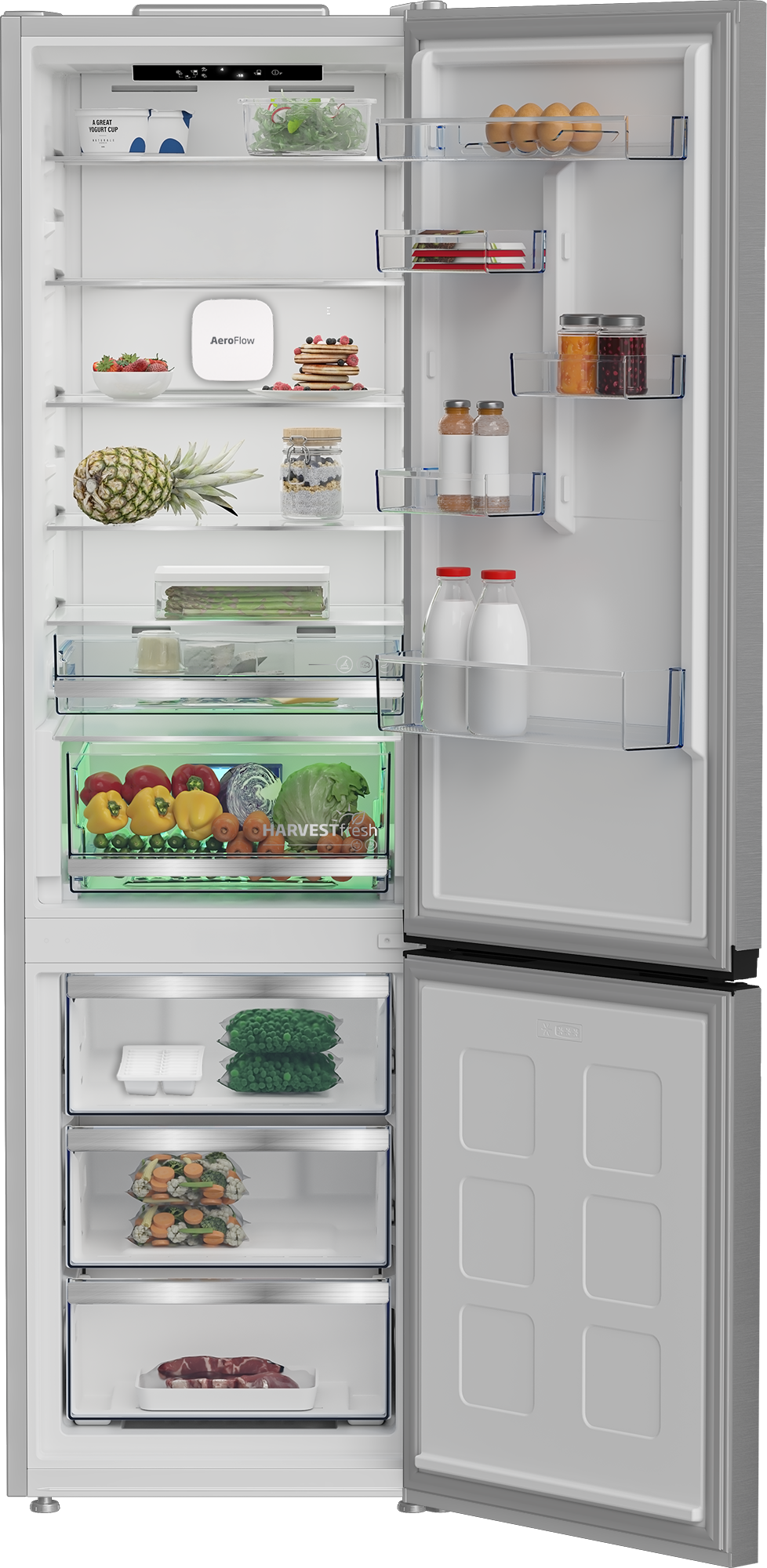 Offener Kühlschrank mit Lebensmitteln: Joghurt, Salat, Eier, Beeren, Ananas, Gemüse, Fleisch.