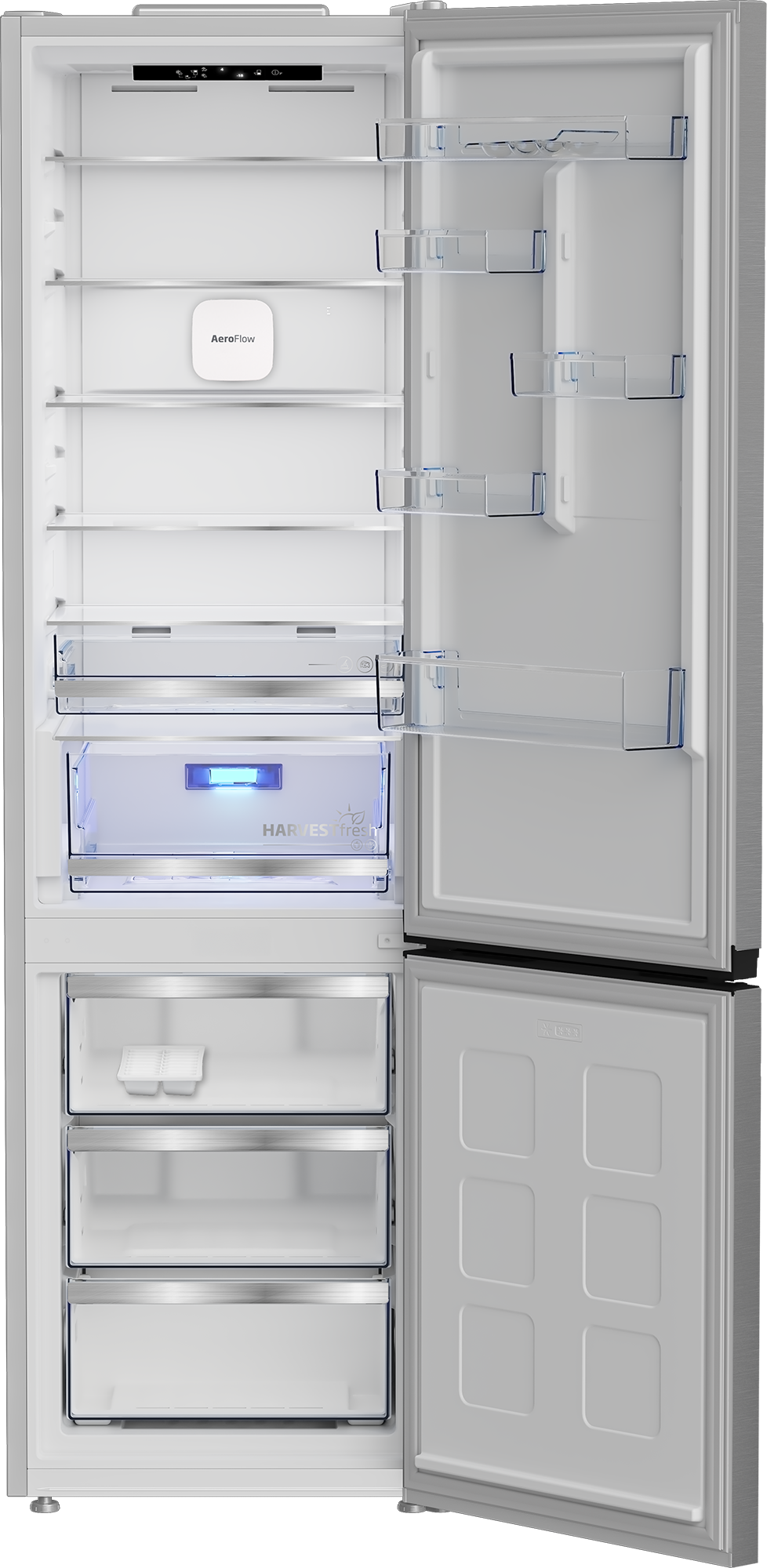 Ein leerer Kühlschrank mit offener Tür und mehreren Einlegeböden und Schubladen.