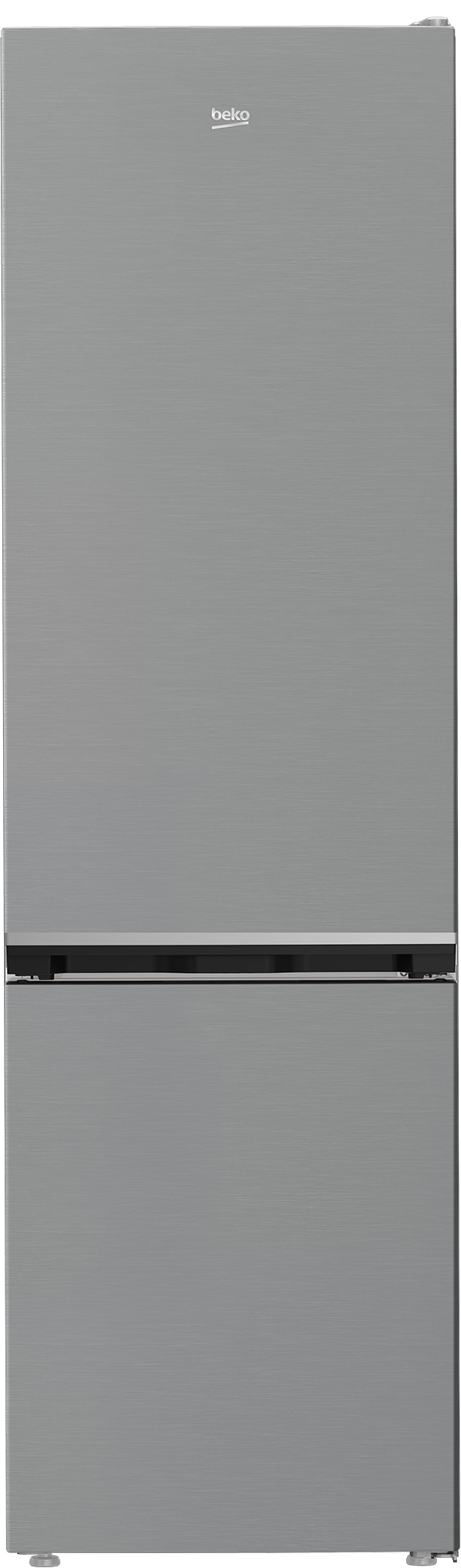 Ein silberner Kühlschrank mit einer oberen und unteren Tür und dem Beko-Logo.