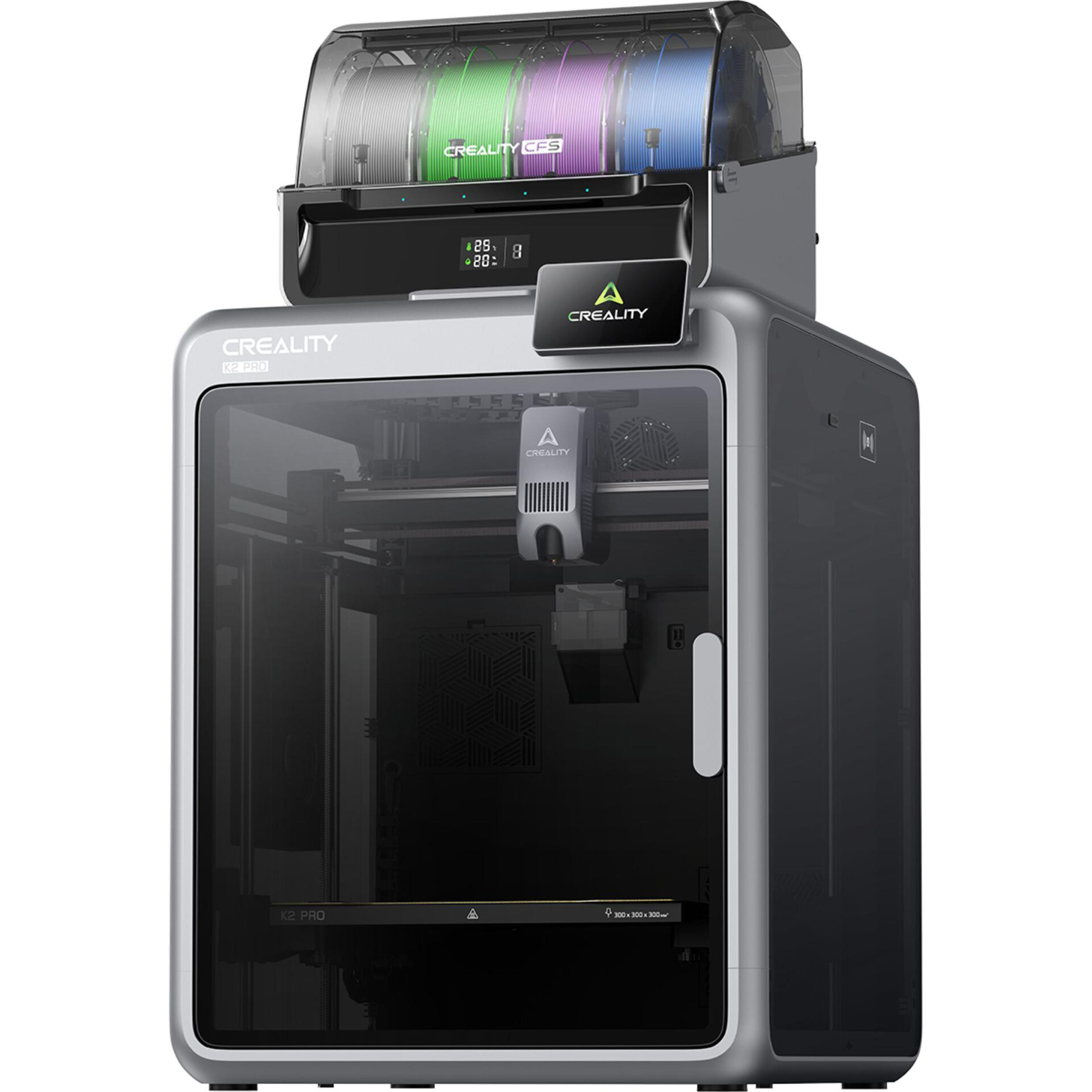 Ein Creality K2 Pro 3D-Drucker mit Filamentrollen oben.