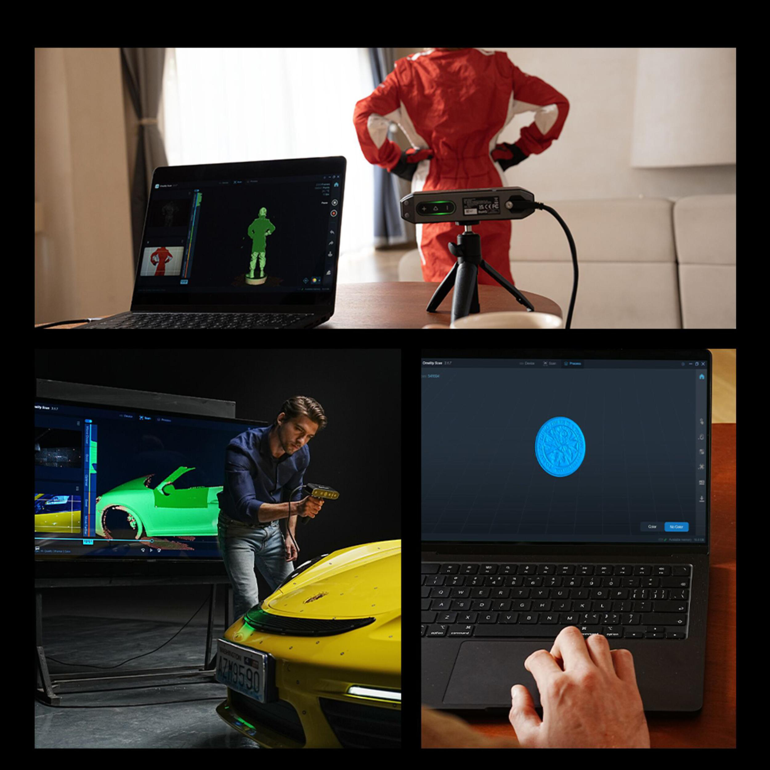 Collage: 3D-Scanner-Einrichtung, Autoscanning und 3D-Modell auf Laptop.