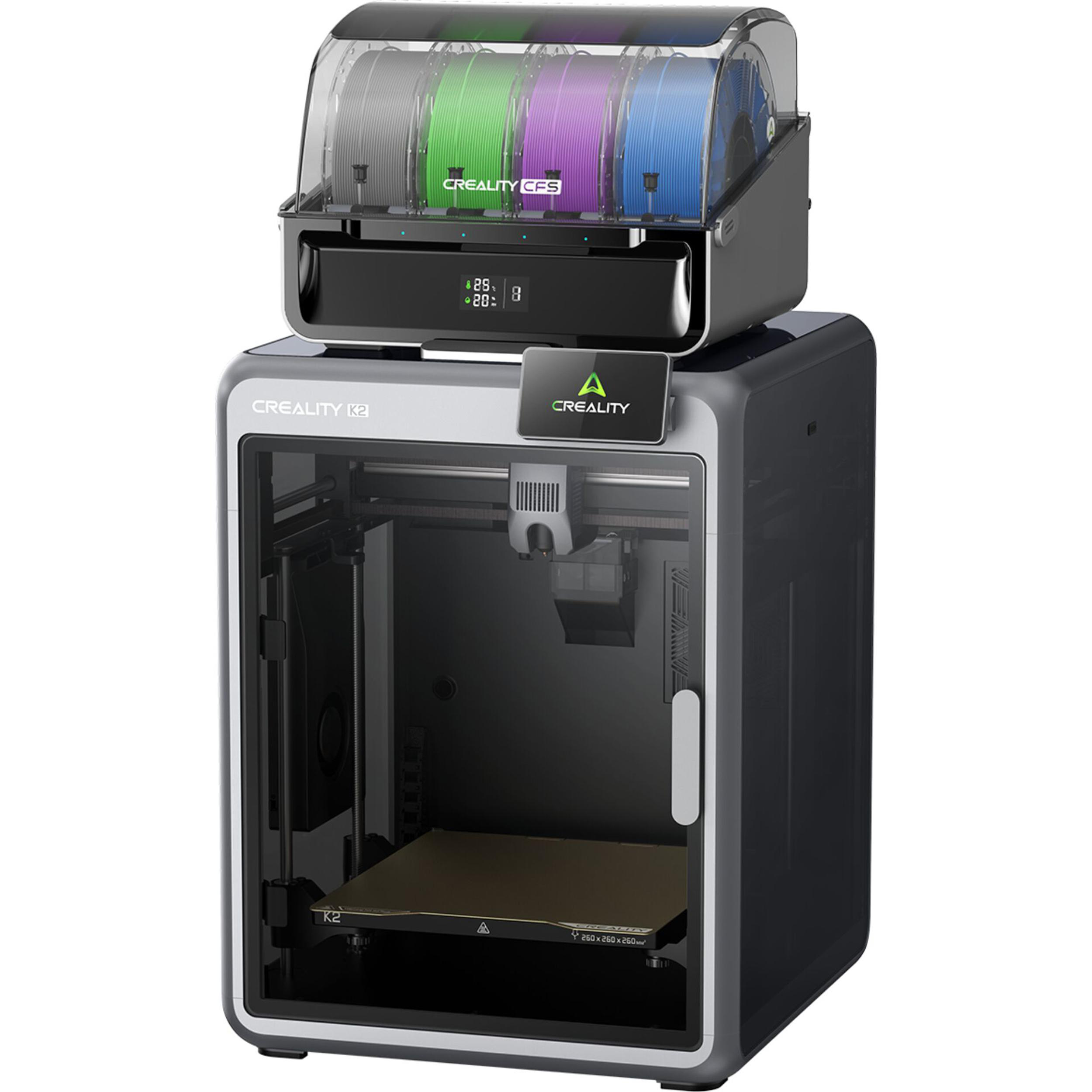 Ein 3D-Drucker mit vier Filamentrollen in Grau, Grün, Lila und Blau im Gehäuse.