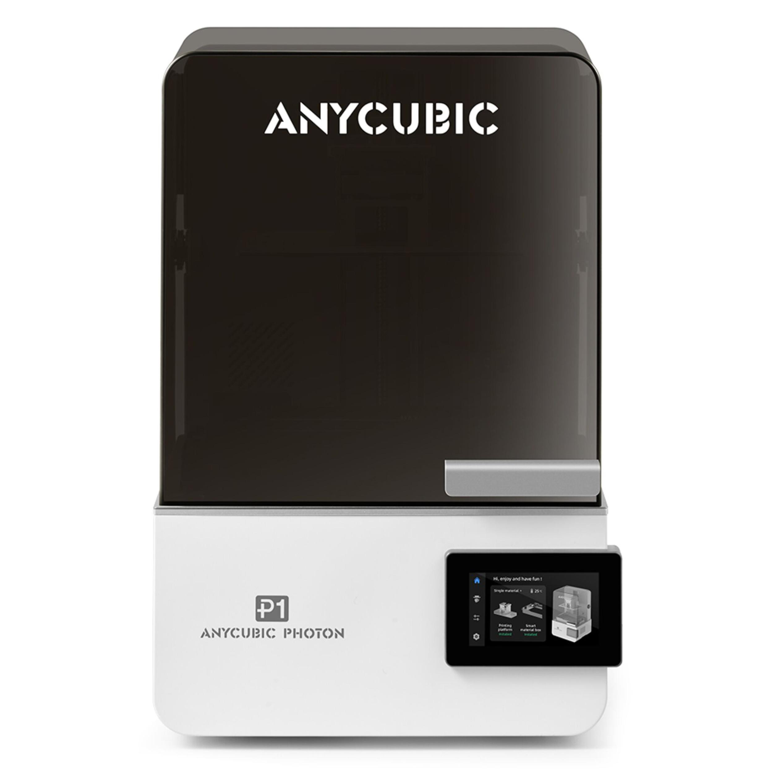 Ein weiß-schwarzer Anycubic Photon P1 3D-Drucker mit Touchscreen.