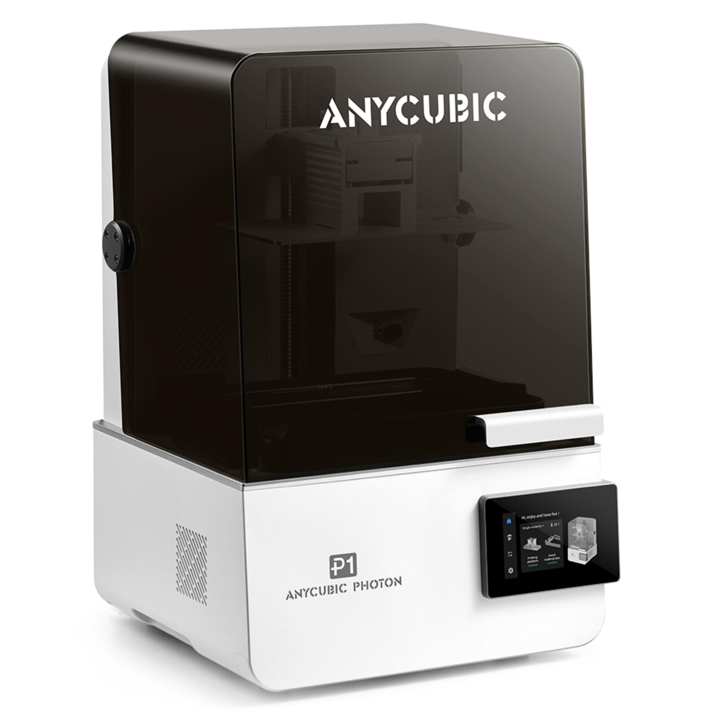 Ein weißer 3D-Drucker mit schwarzer Abdeckung und Touchscreen.