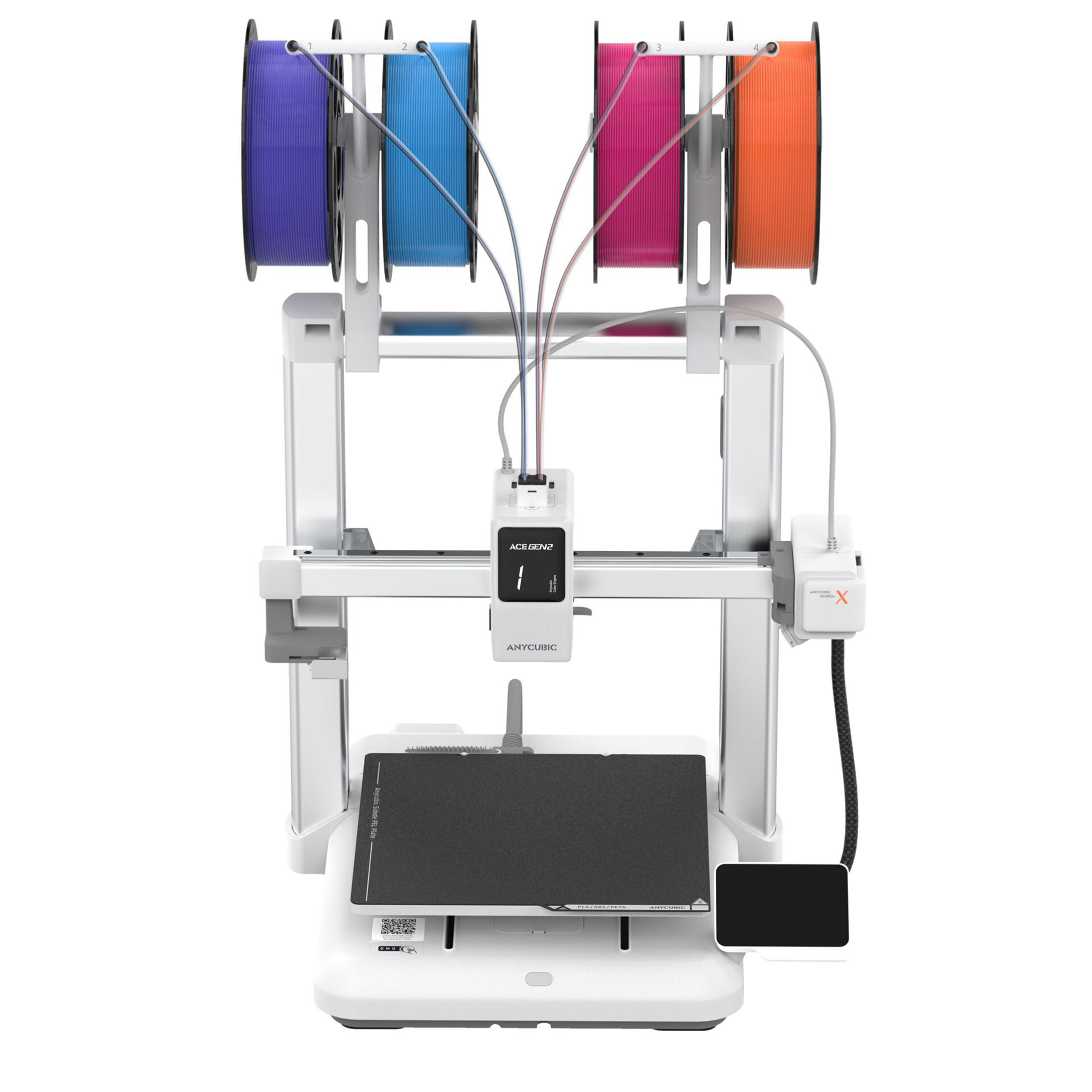 Ein weißer 3D-Drucker mit vier Filamentrollen in Lila, Blau, Pink und Orange.