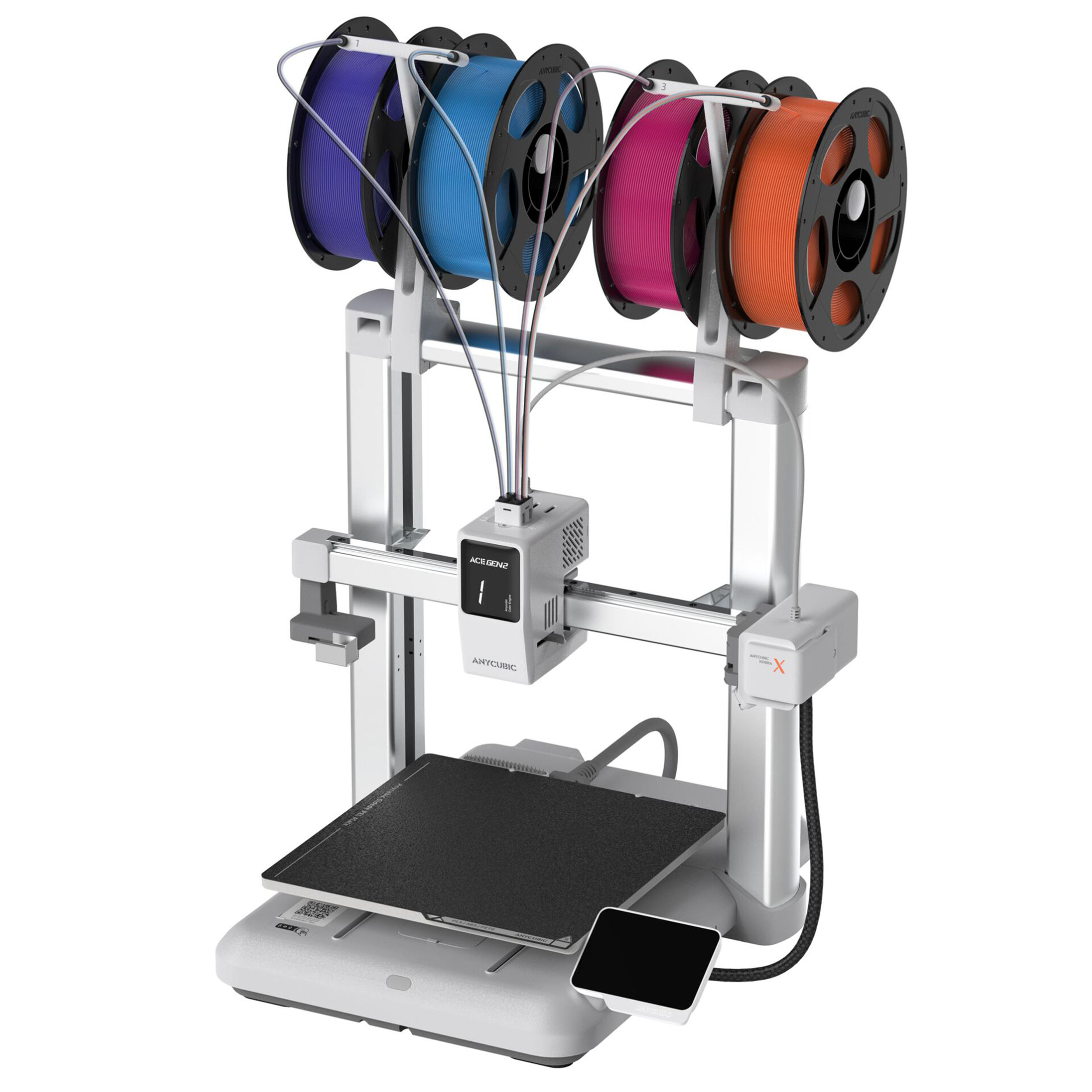 Ein 3D-Drucker mit vier Spulen Filament in Lila, Blau, Pink und Orange.