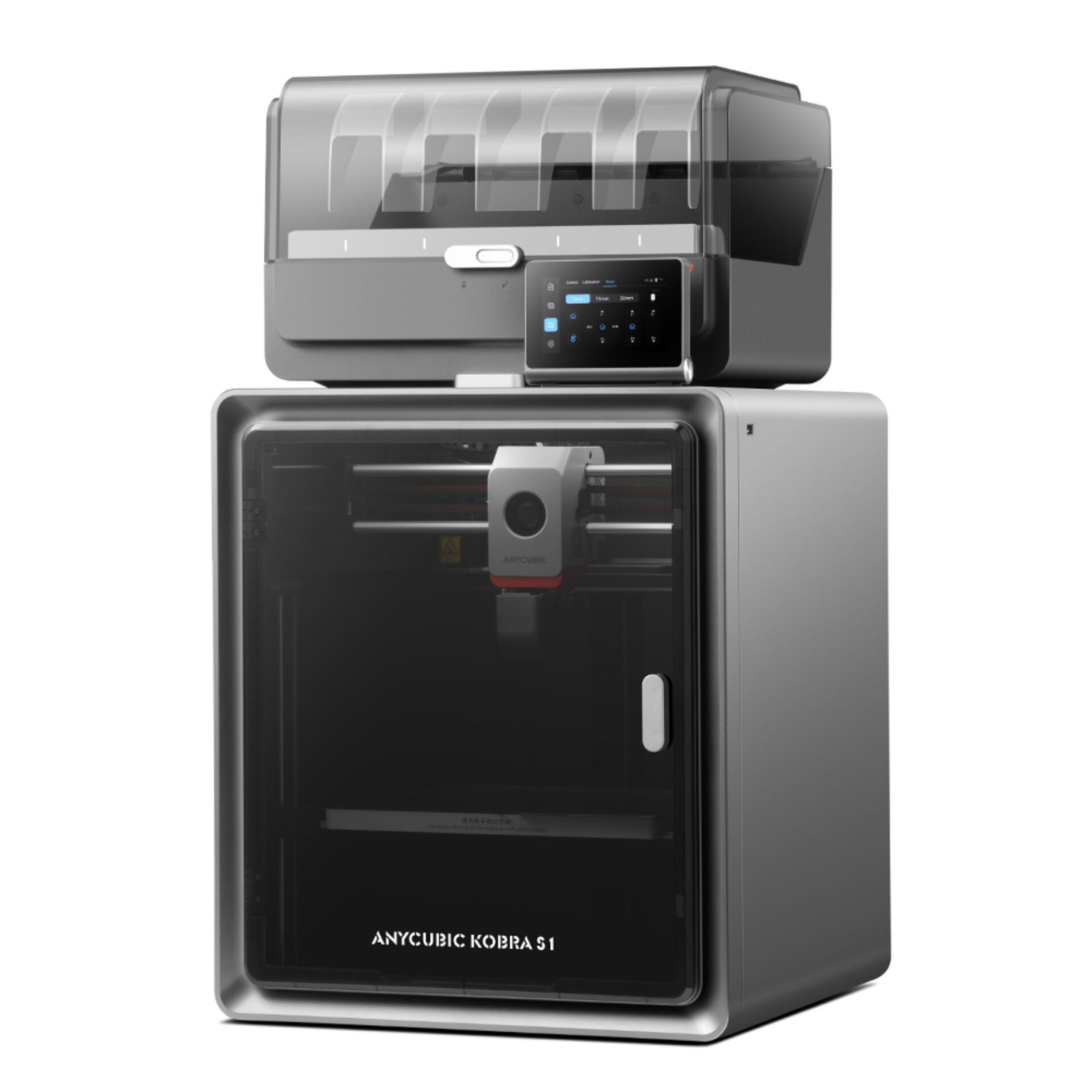 Ein grauer 3D-Drucker mit transparentem Deckel und Touchscreen.