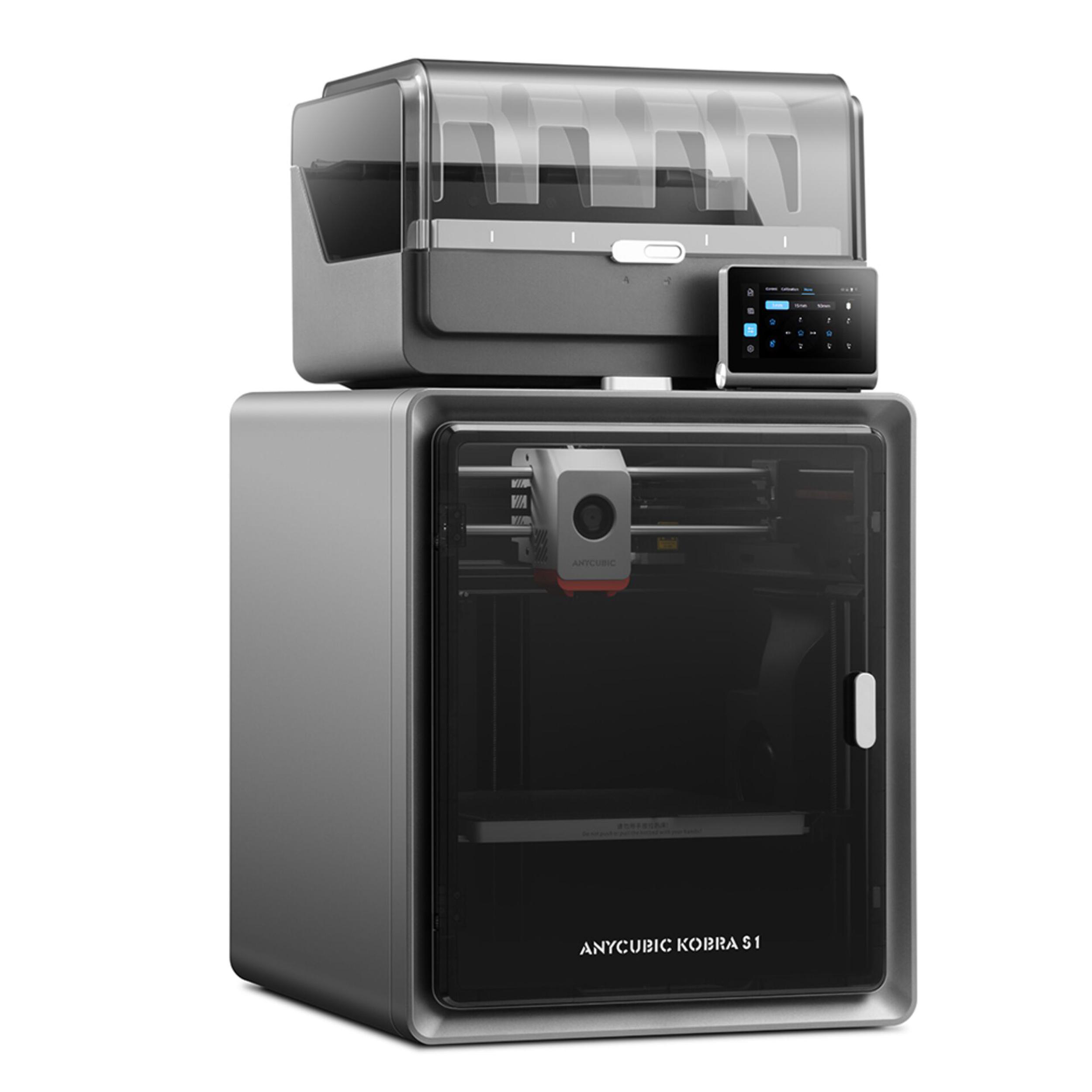 Ein grauer 3D-Drucker mit Touchscreen, gestapelt unter einer transparenten Abdeckung.