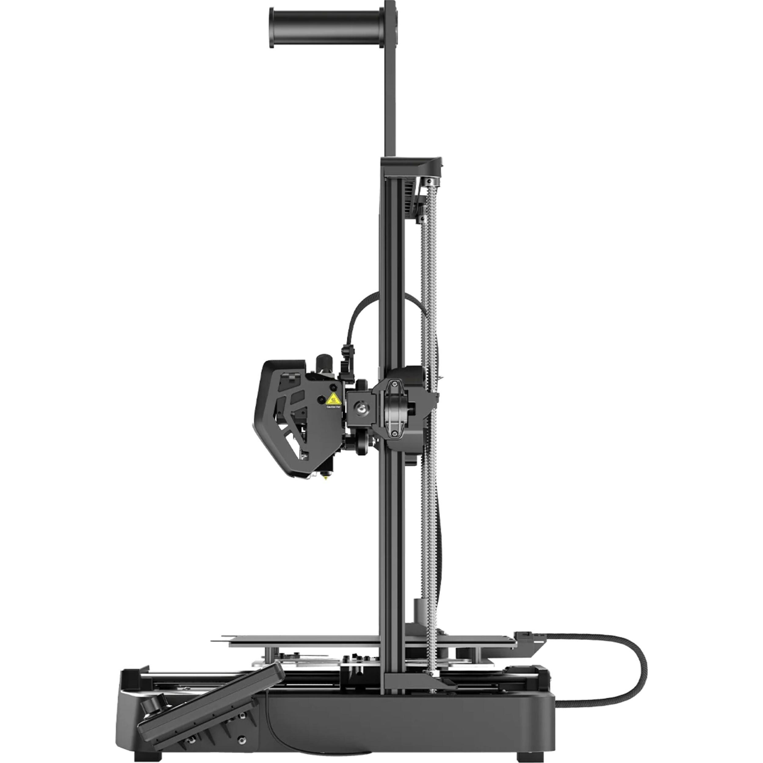 Ein schwarzer 3D-Drucker mit silbernen Stangen und einem schwarzen Gehäuse.